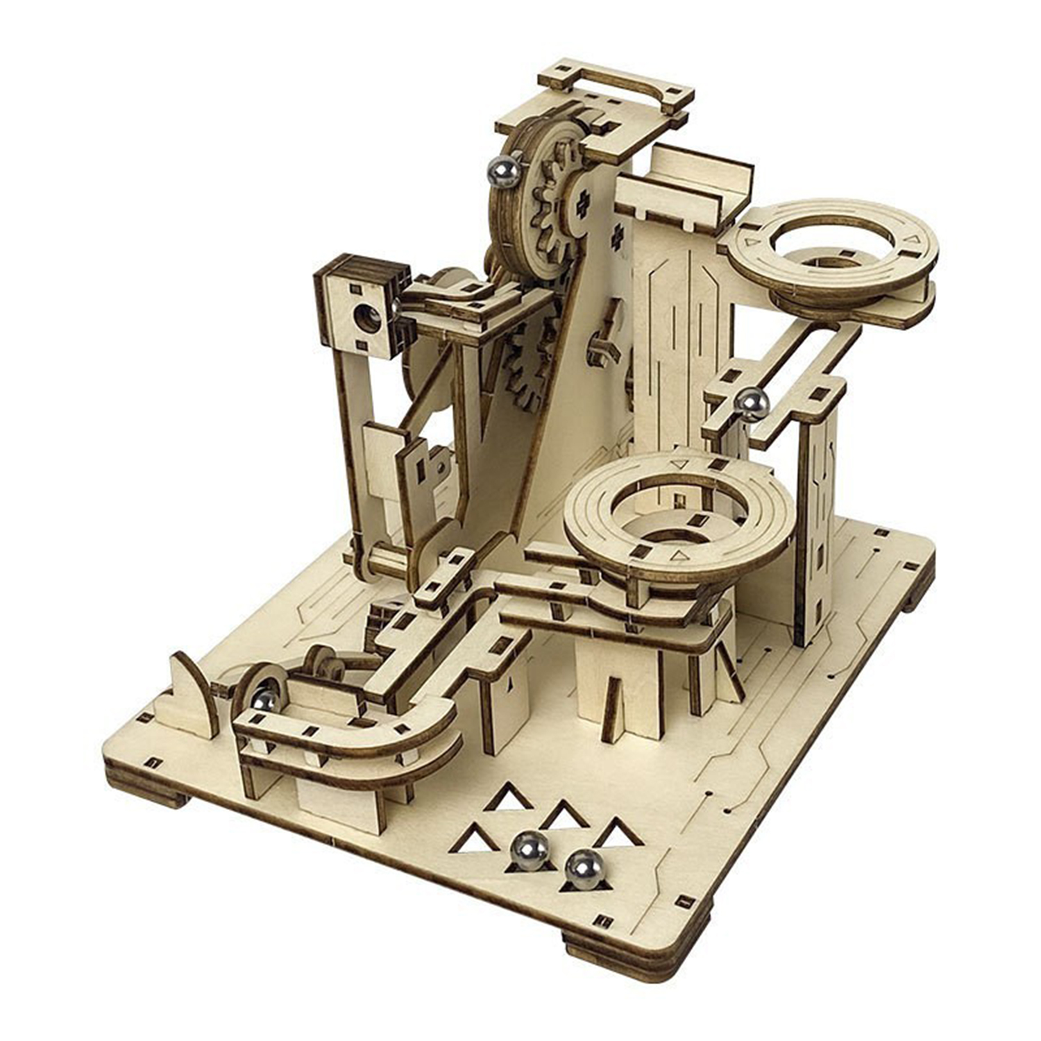 Modello di pista per biglie in legno con ingranaggi e binari.