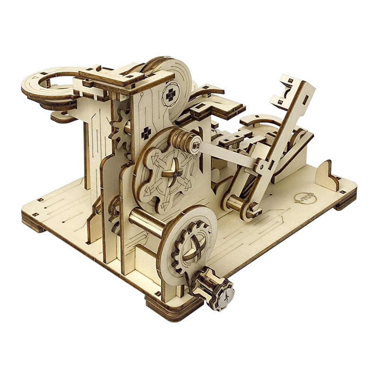 Un modello in legno di un dispositivo meccanico con ingranaggi e leve.