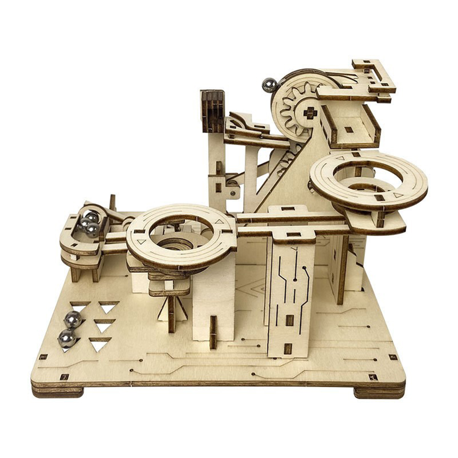 Modello di percorso per biglie in legno con ingranaggi, tracciati e rampe. Include biglie metalliche.