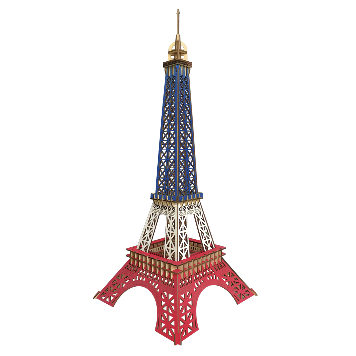 Un modello della Torre Eiffel nei colori rosso, bianco e blu.