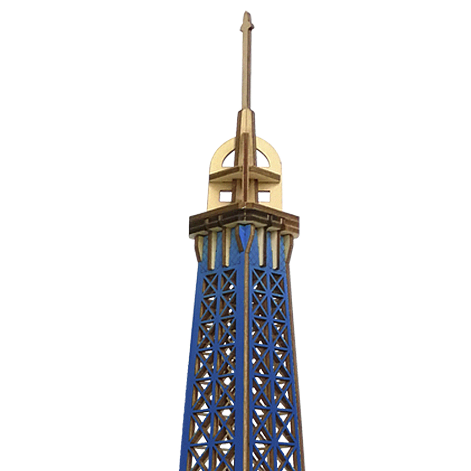 Modello di torre in legno con traliccio blu e guglia.