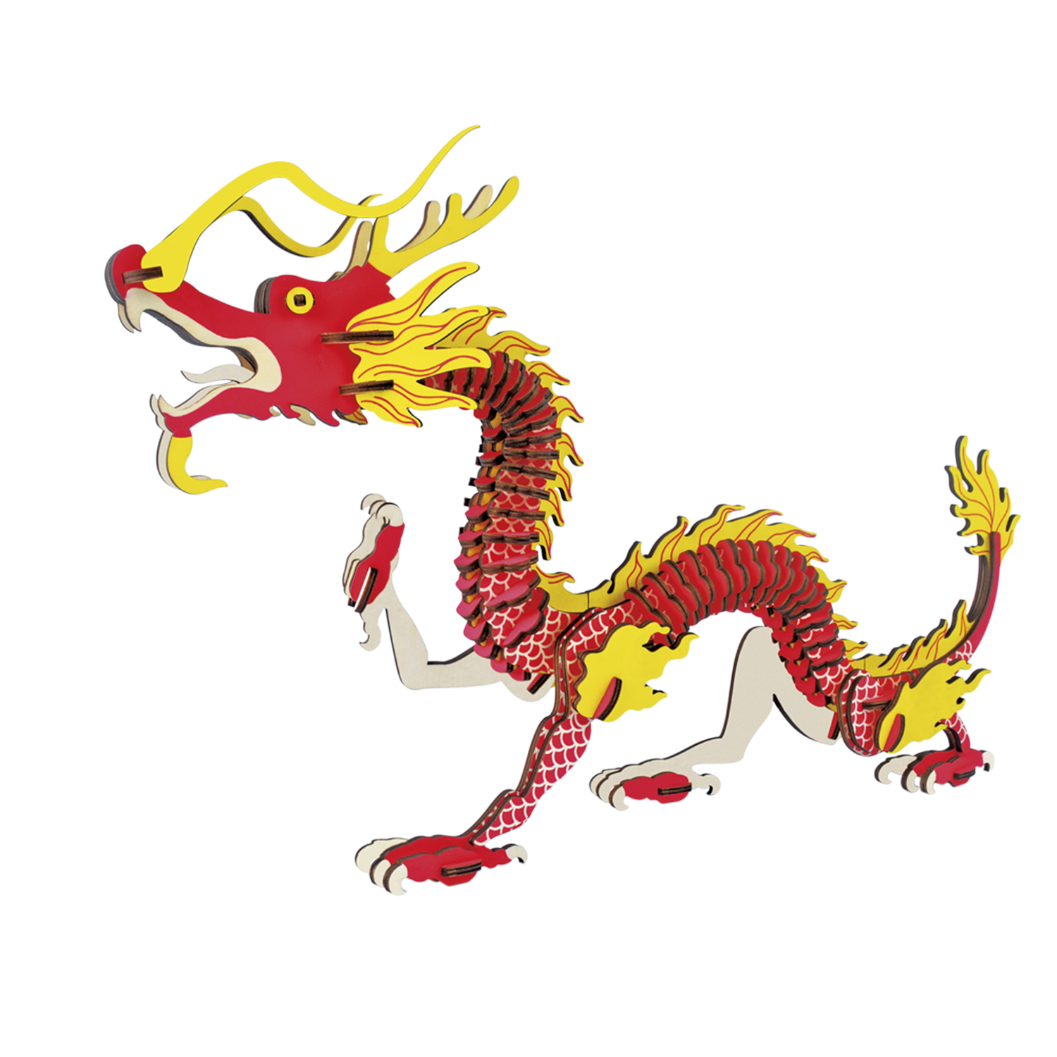Un puzzle di drago di legno rosso e giallo su sfondo bianco.