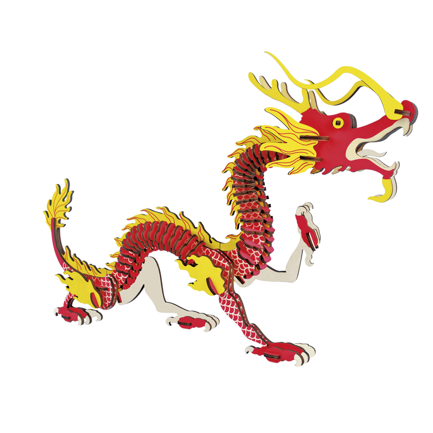 Un drago di legno rosso e giallo con piedi e corpo bianchi.