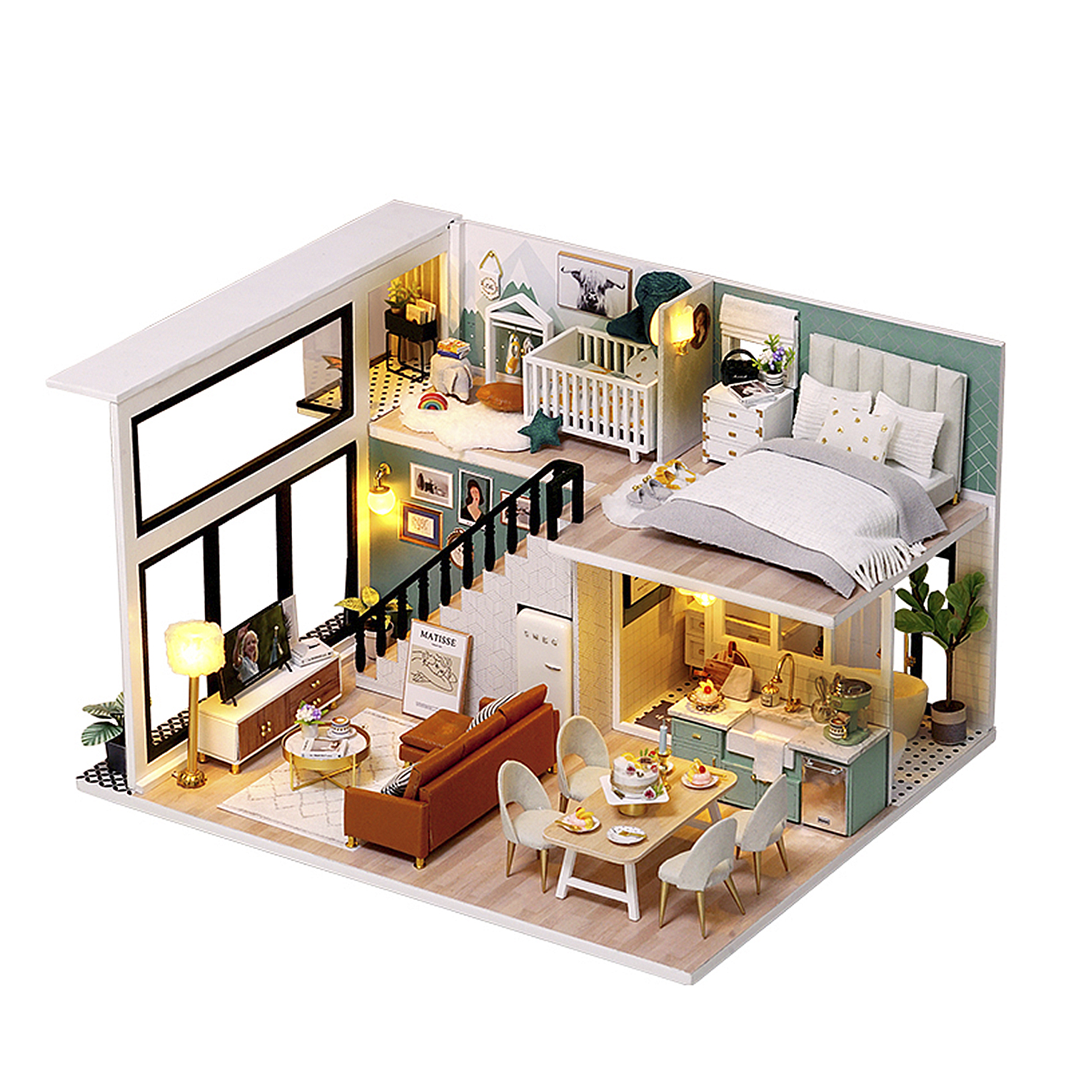 Una casa delle bambole su due piani mostra soggiorno, cucina, camera da letto e nursery.