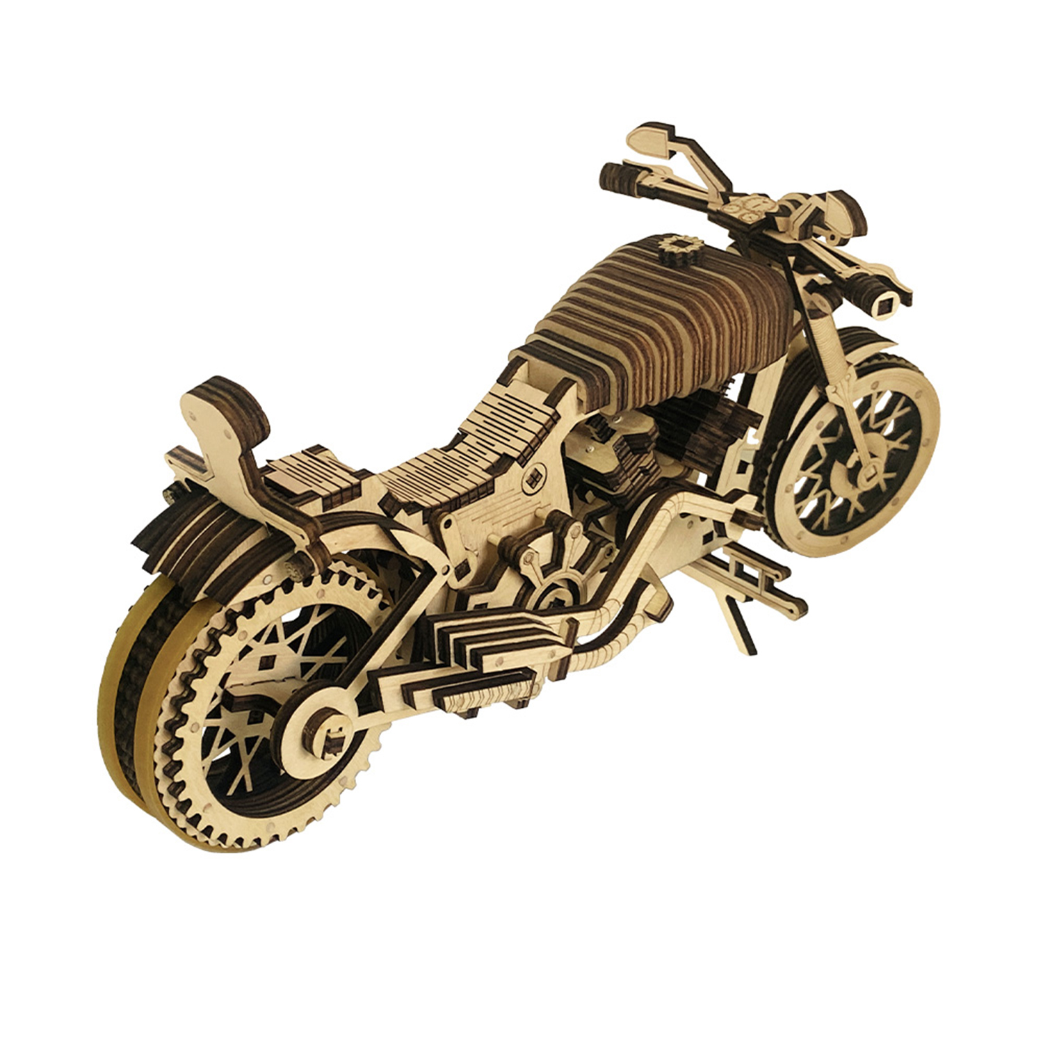 Un dettagliato modello in legno di una motocicletta, esposto su sfondo bianco.