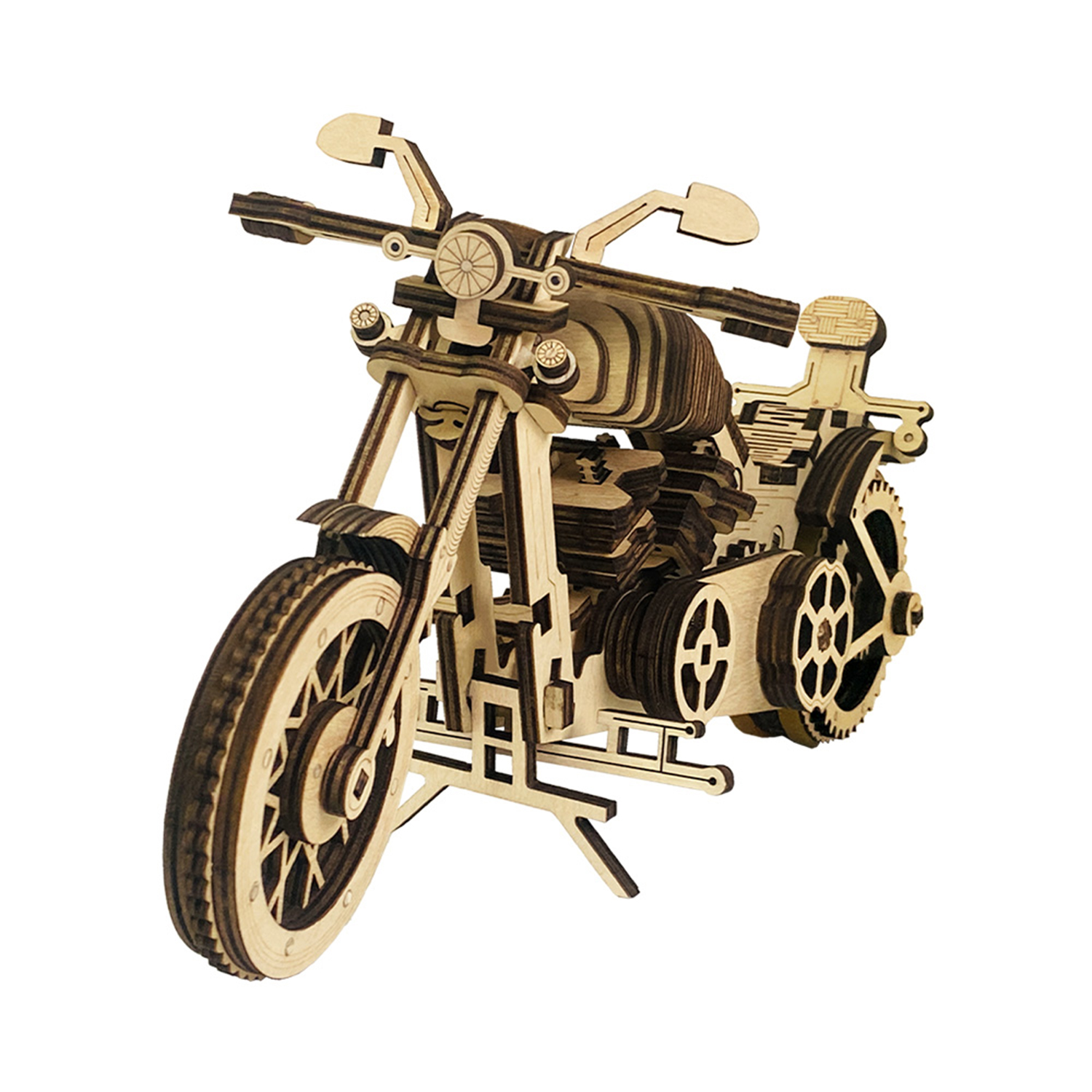 Un modello in legno di una moto con dettagli intricati, su sfondo bianco.