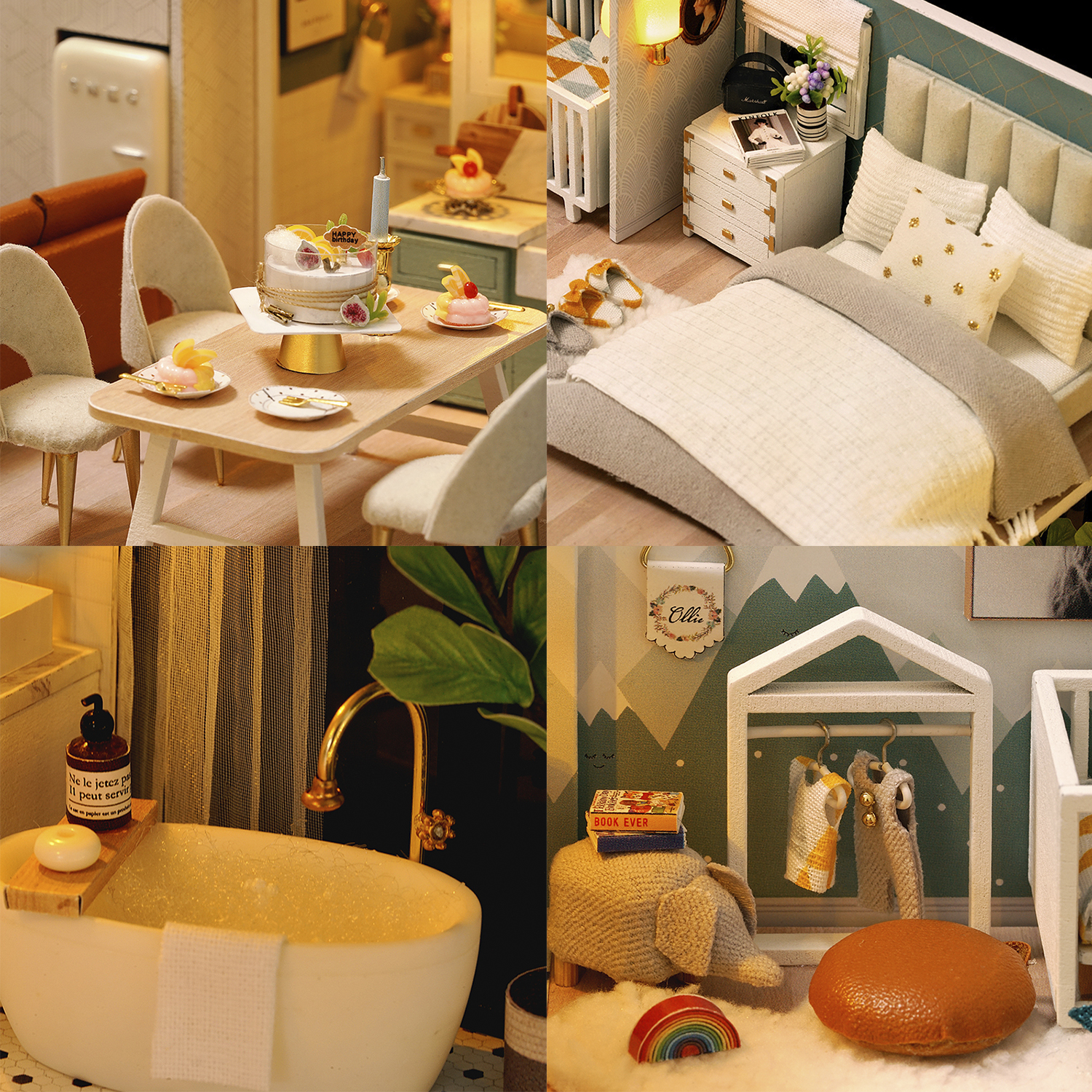 Miniatura sala da pranzo, camera da letto, bagno e area giochi con mobili e accessori.