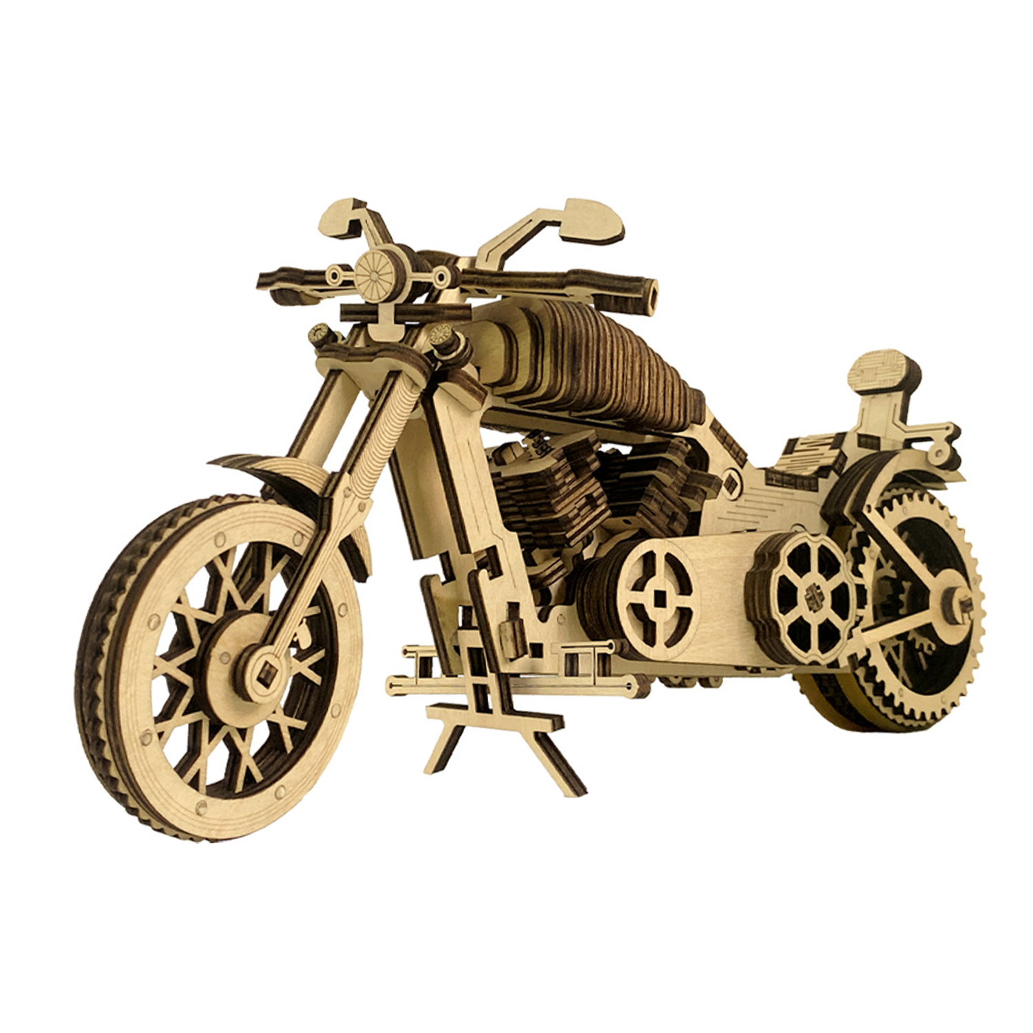 Un modello in legno di una motocicletta con ruote e motore dettagliati.