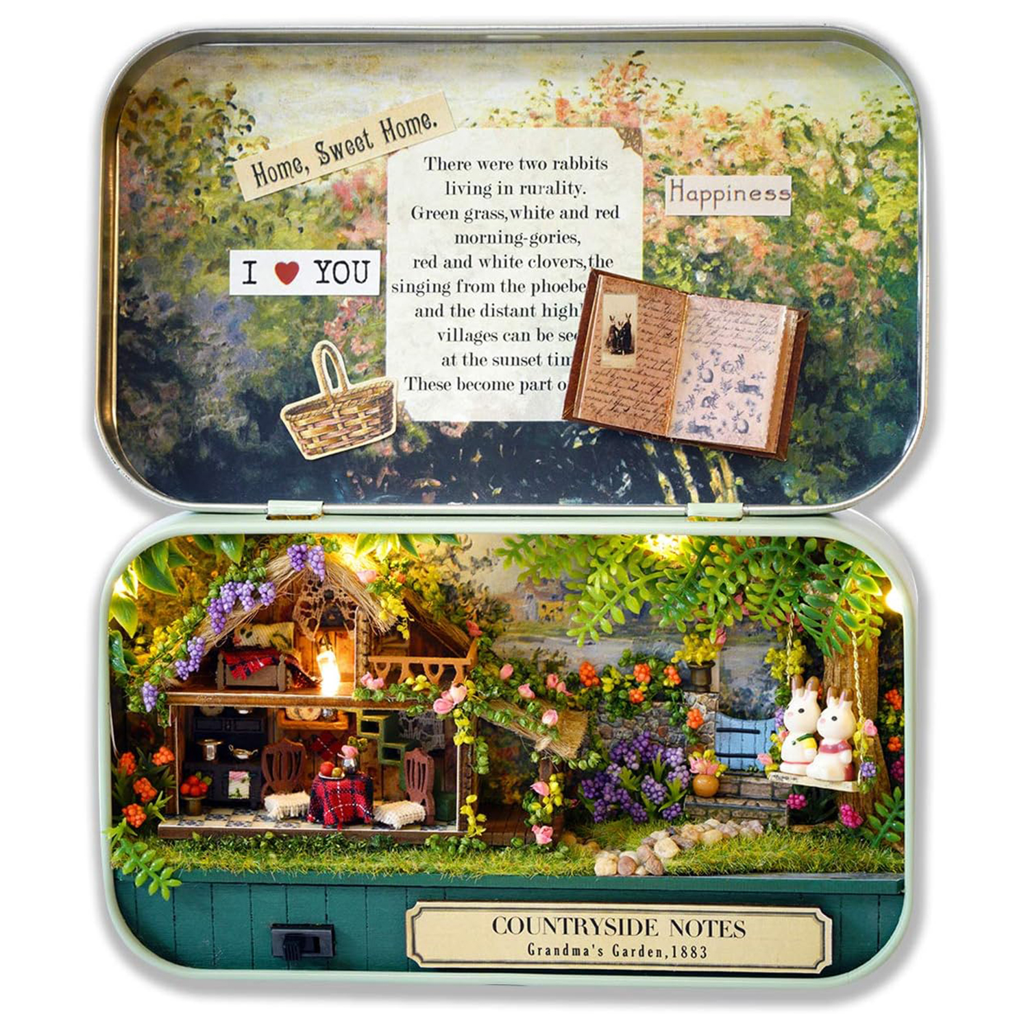 Diorama in miniatura in una scatola con cottage, conigli e giardino.