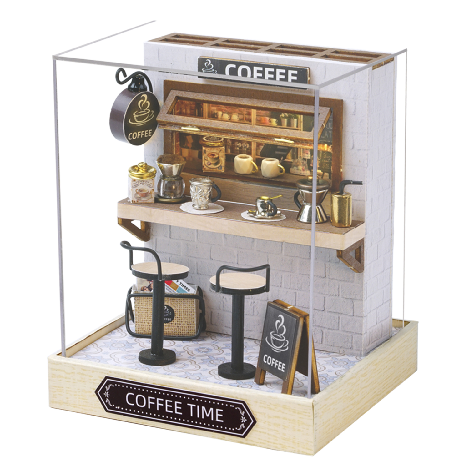 Mini caffetteria con bancone, sgabelli, caffettiera e insegna.