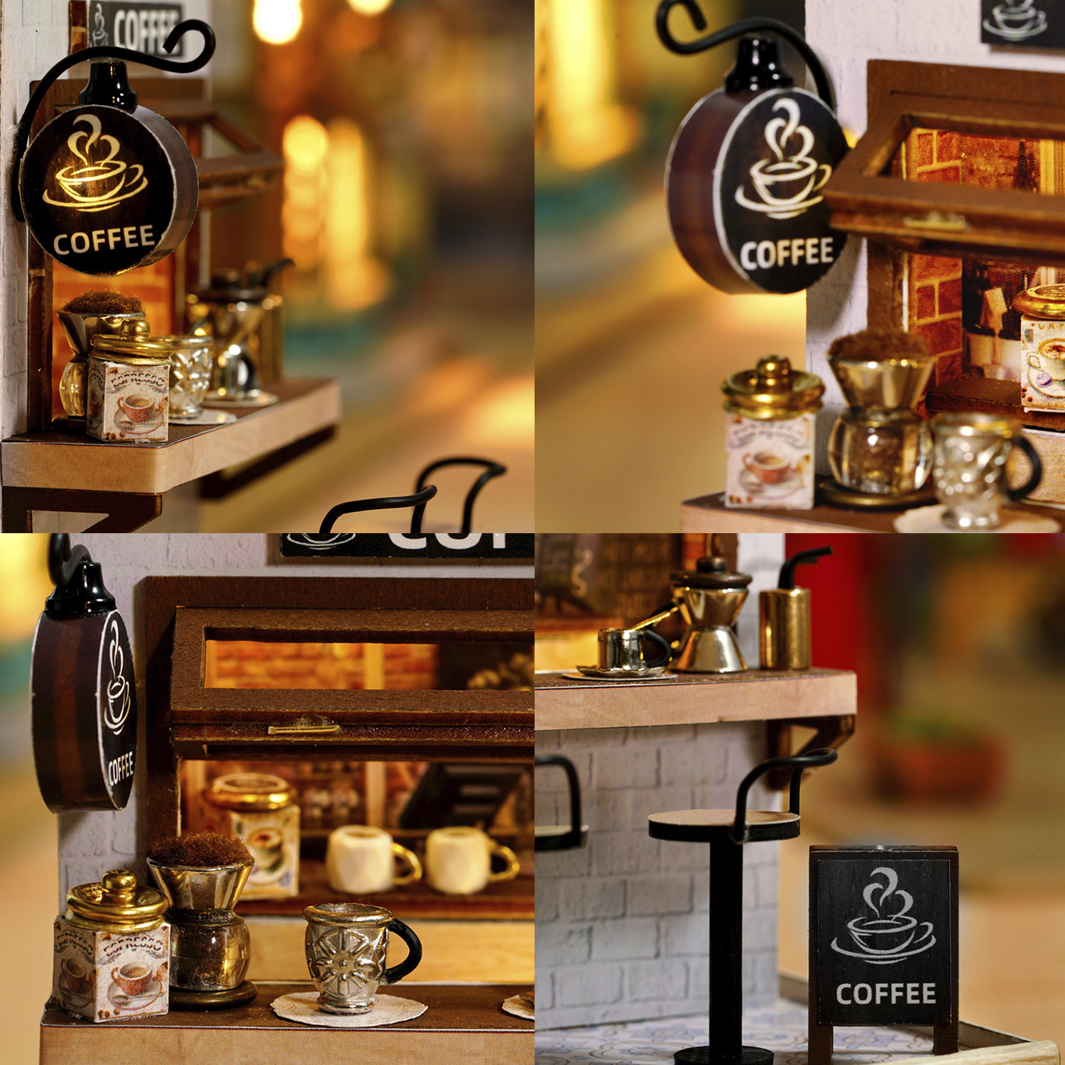 Caffetteria in miniatura con insegna, caffettiera, tazze e sgabello.