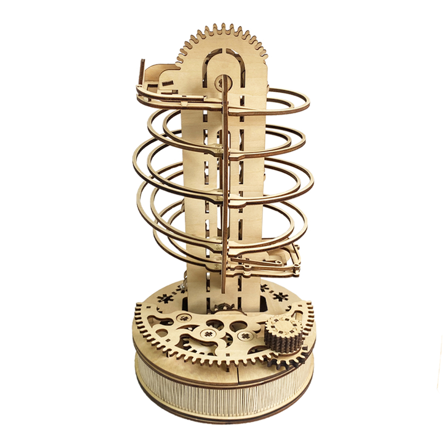 Pista per biglie in legno con ingranaggi e spirali.