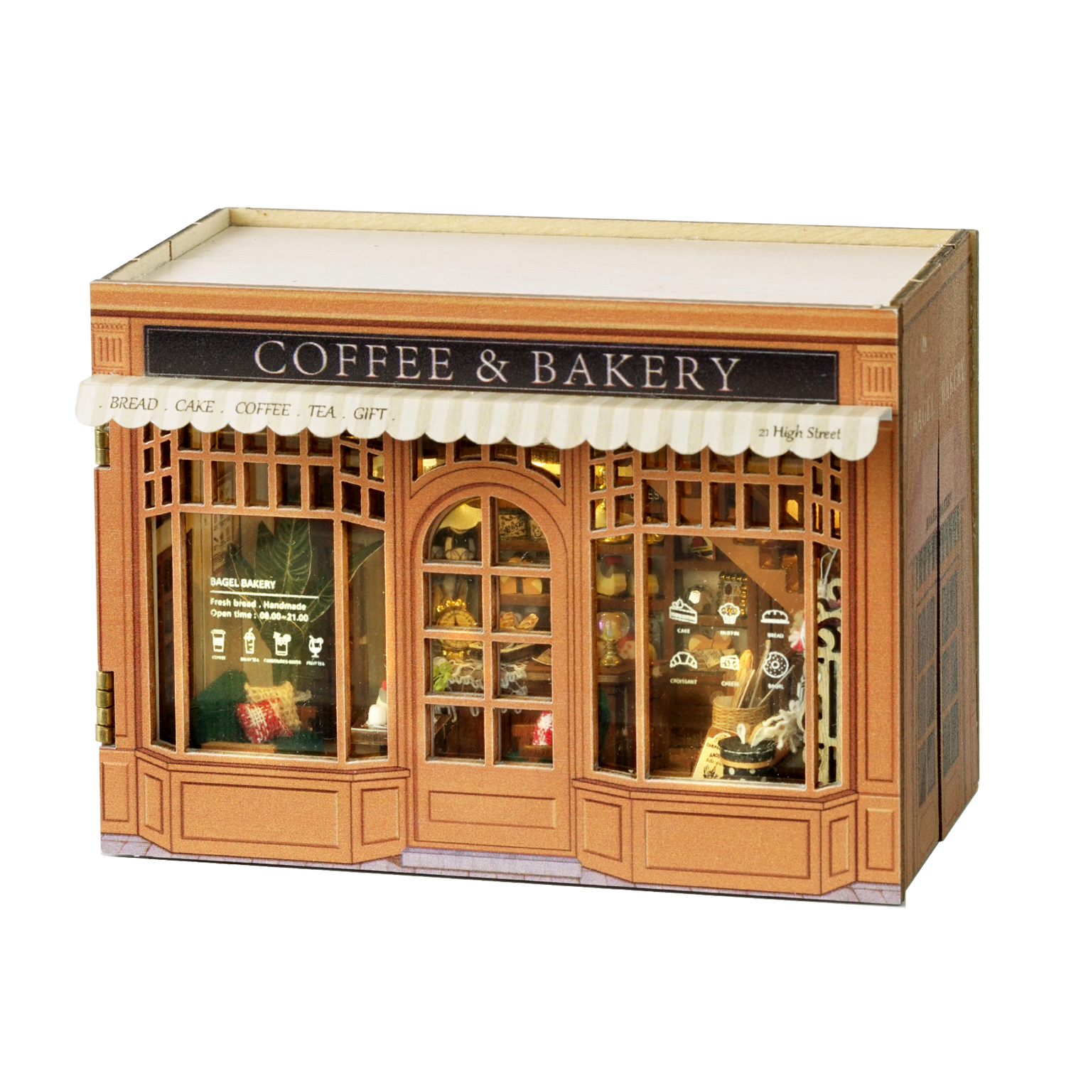 Un miniature di caffè e panetteria con grandi finestre e insegne.