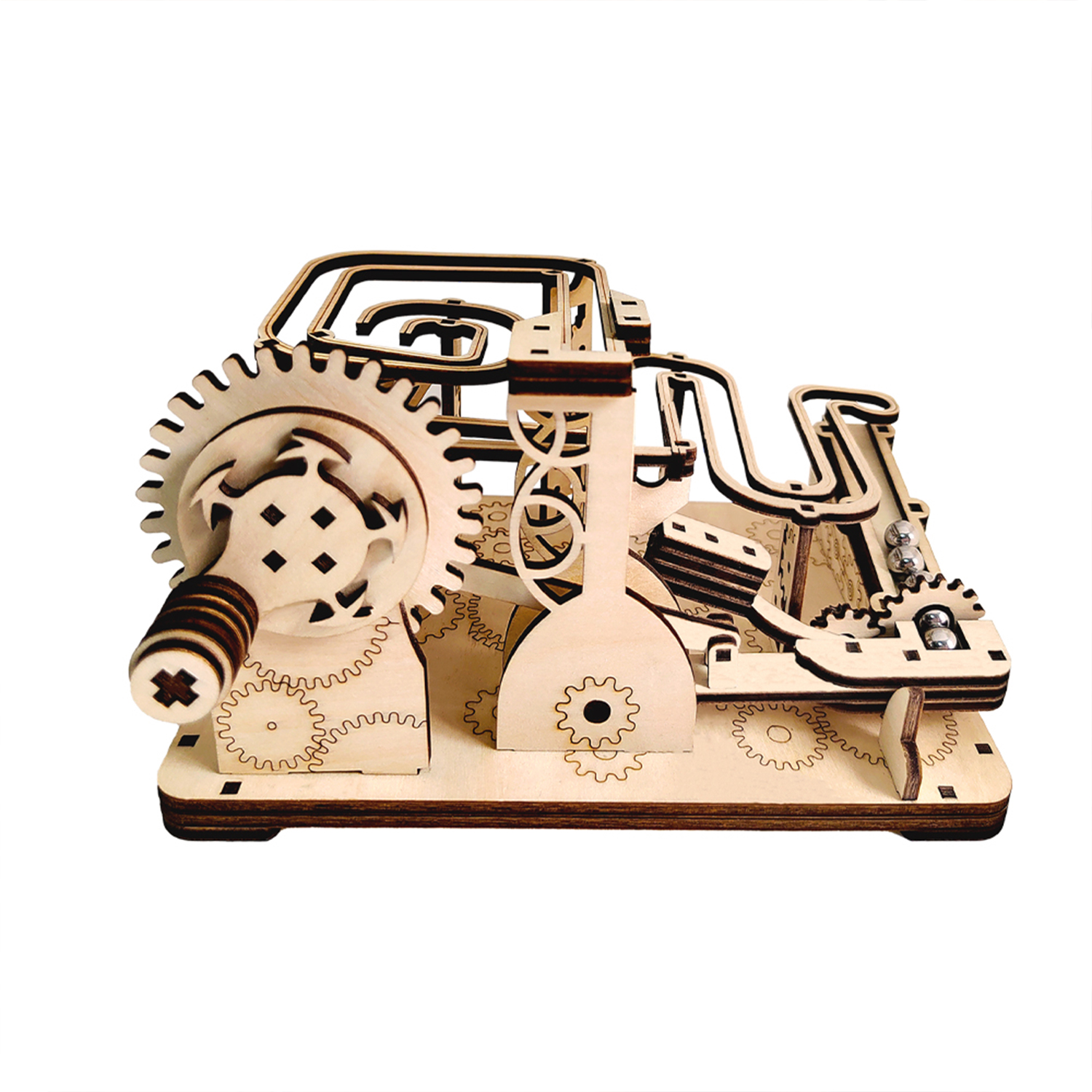Modello in legno di un motore con ingranaggi e manovella.