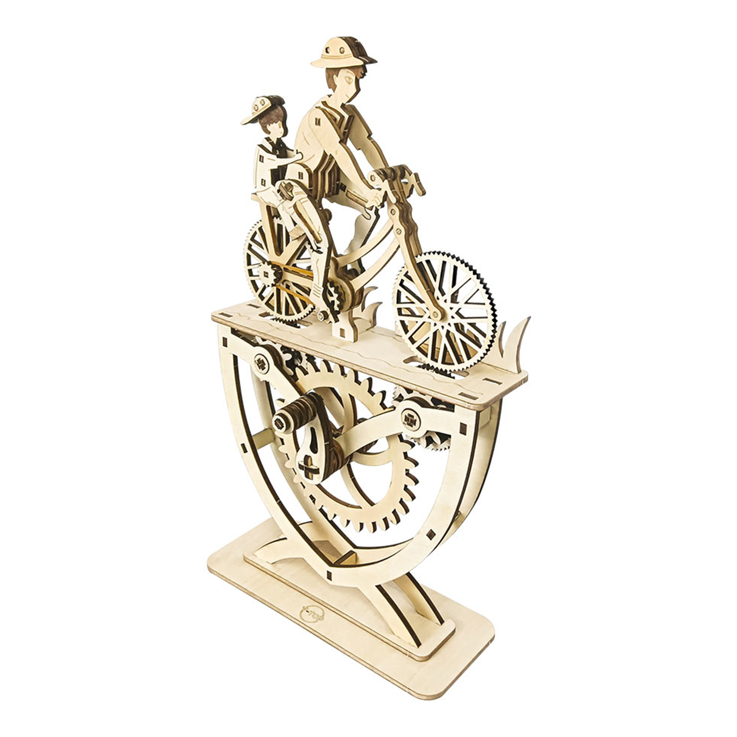 Modello in legno di una bicicletta con due persone e ingranaggi visibili.