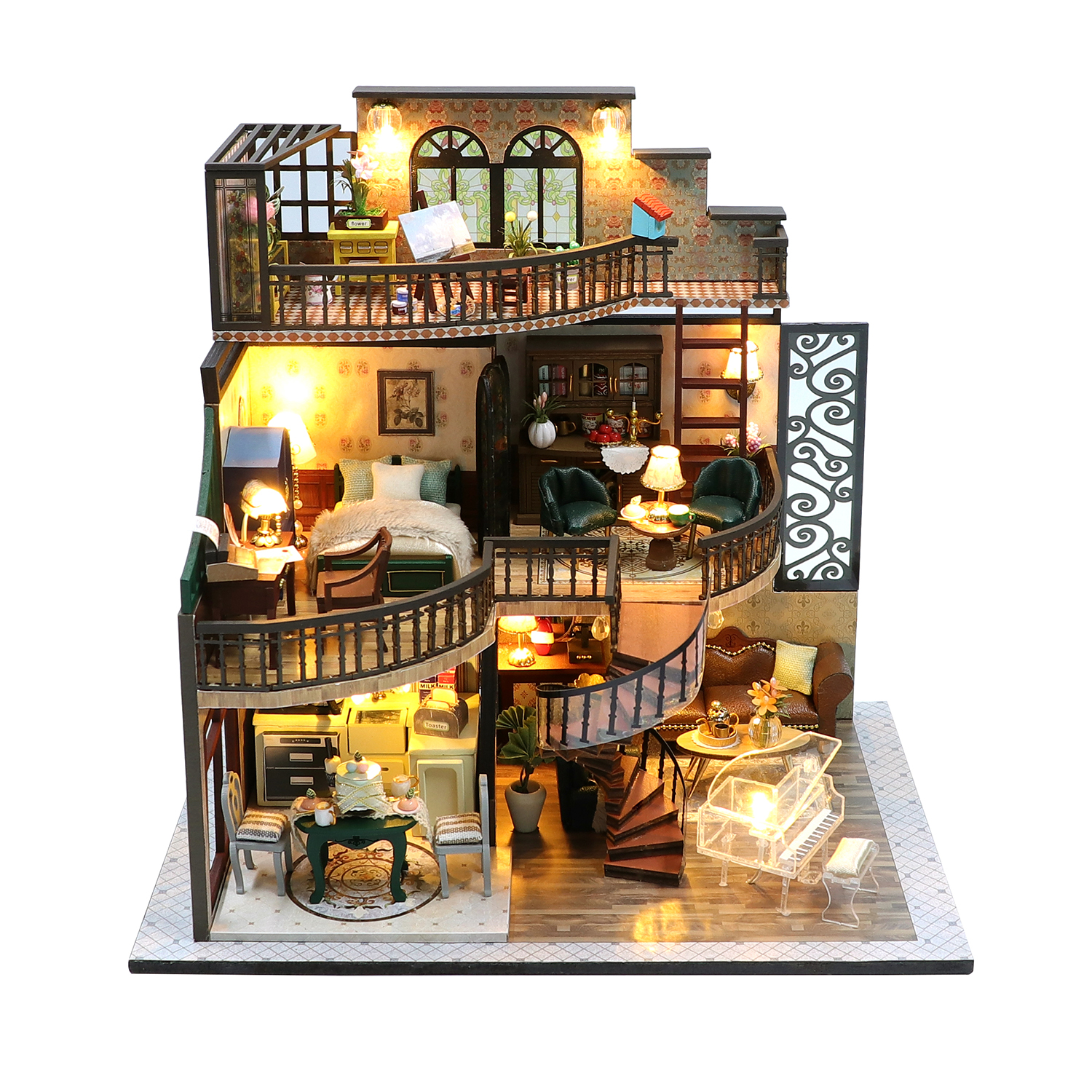 Casa delle bambole dettagliata su più livelli con mobili e luci.