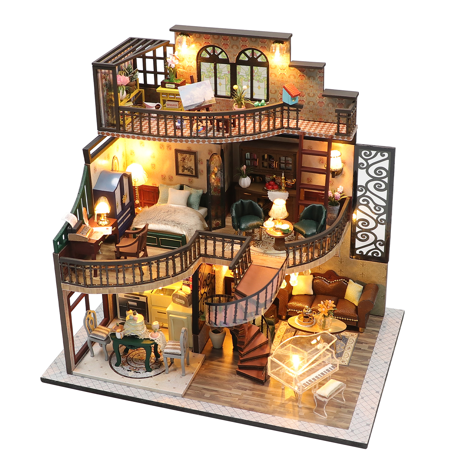 Casa delle bambole illuminata a più livelli con mobili, scale e balconi.