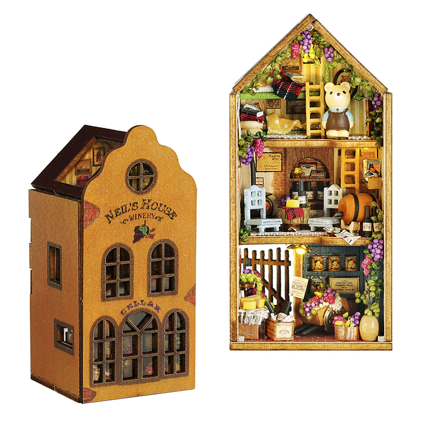 Modello di casa in legno con viti, orso e botti. L'esterno riporta 'Neil's House'.