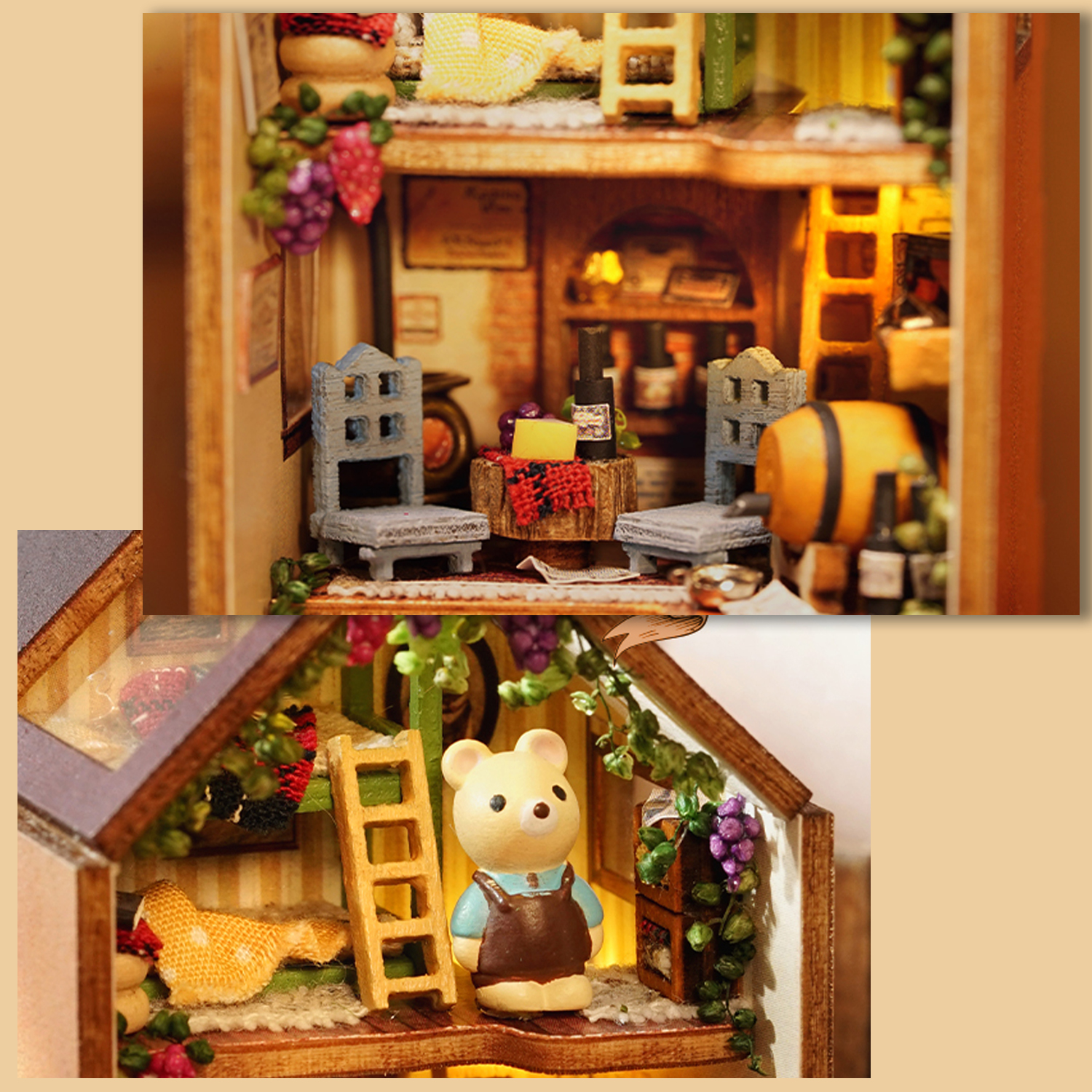 Casa in miniatura con orsacchiotto, scala, pollaio e viti.