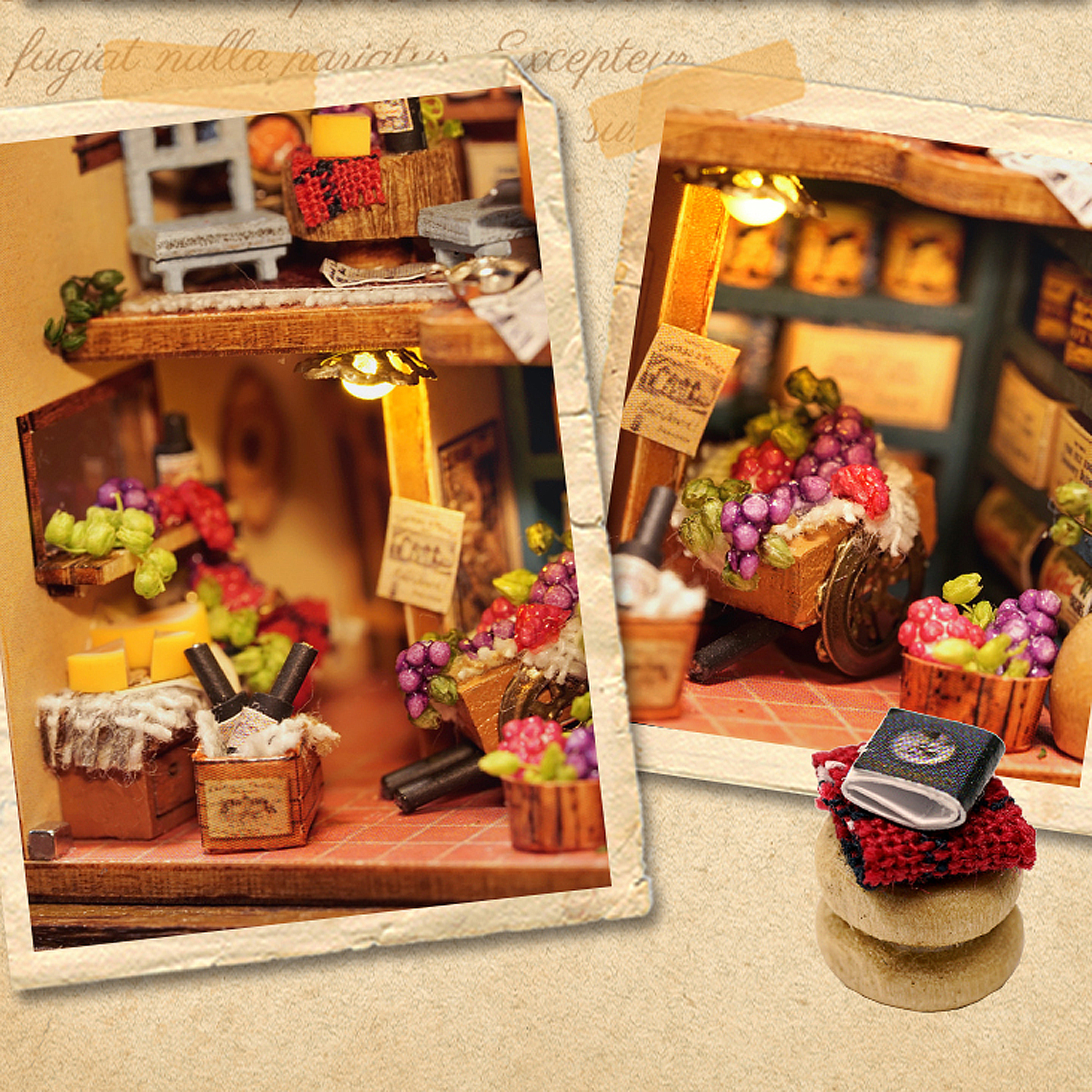 Scena di negozio in miniatura con frutta, verdura e merci.