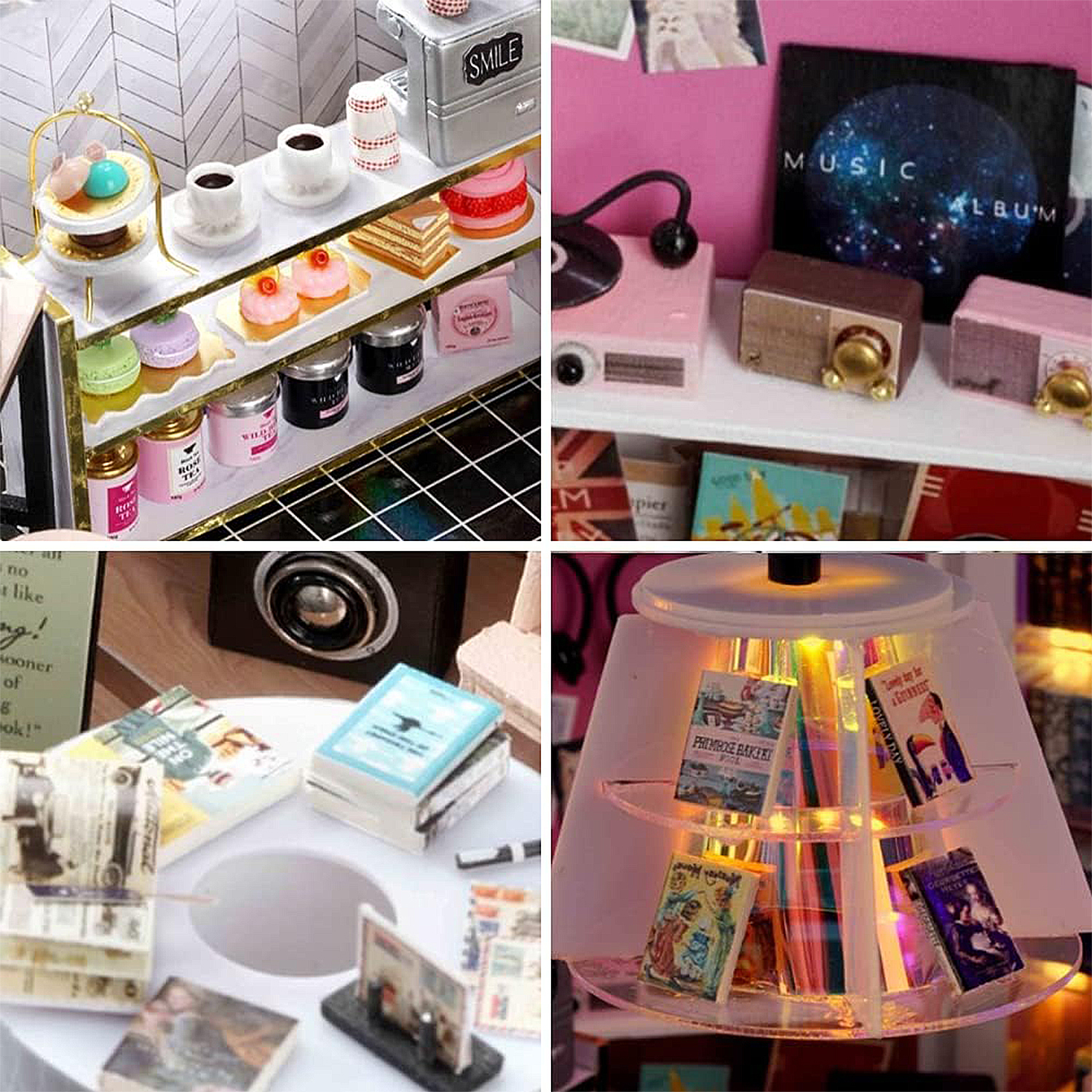 Espositore in miniatura per panetteria con torte, macaron e bevande.