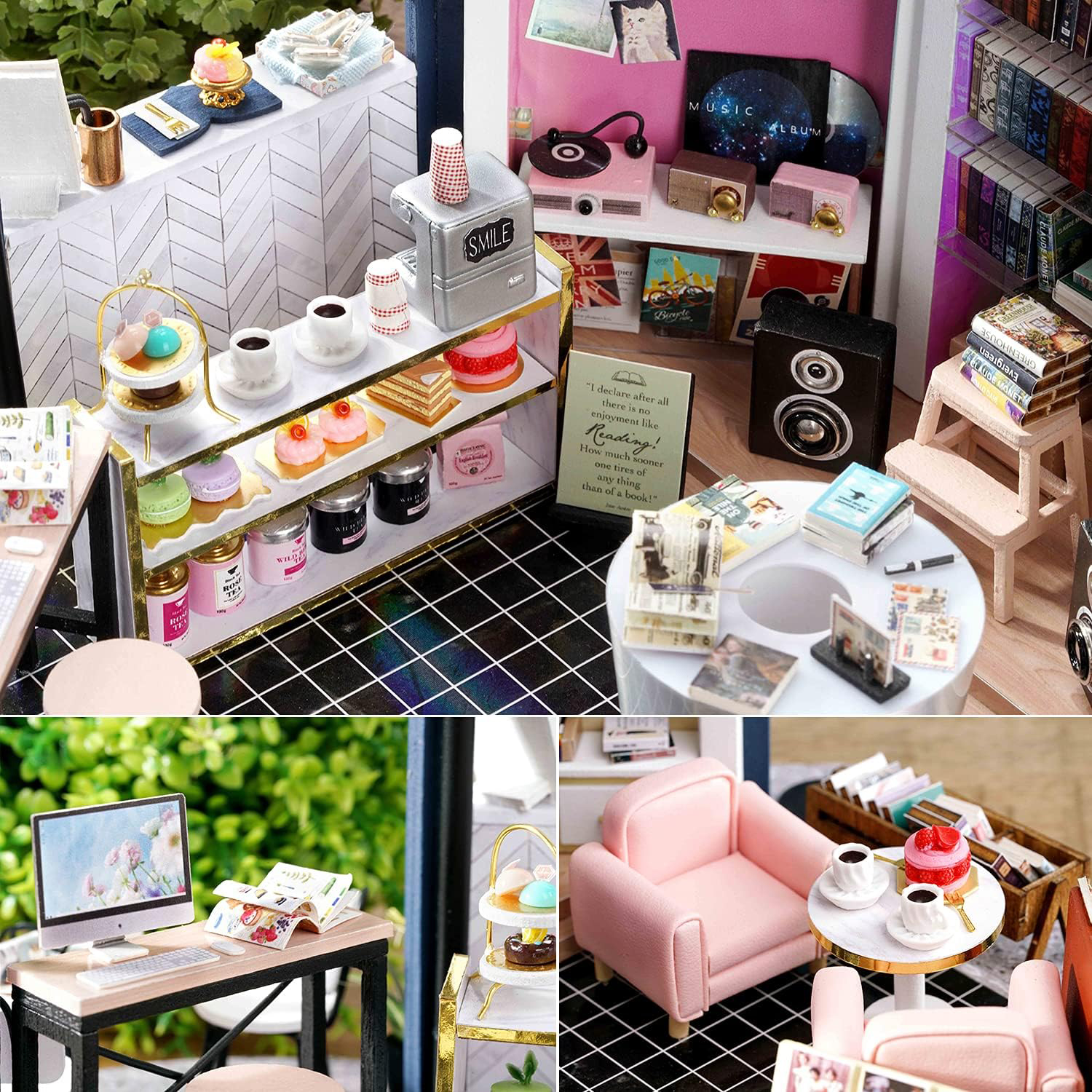 Espositore caffè in miniatura con torte, caffè, libri e un computer.