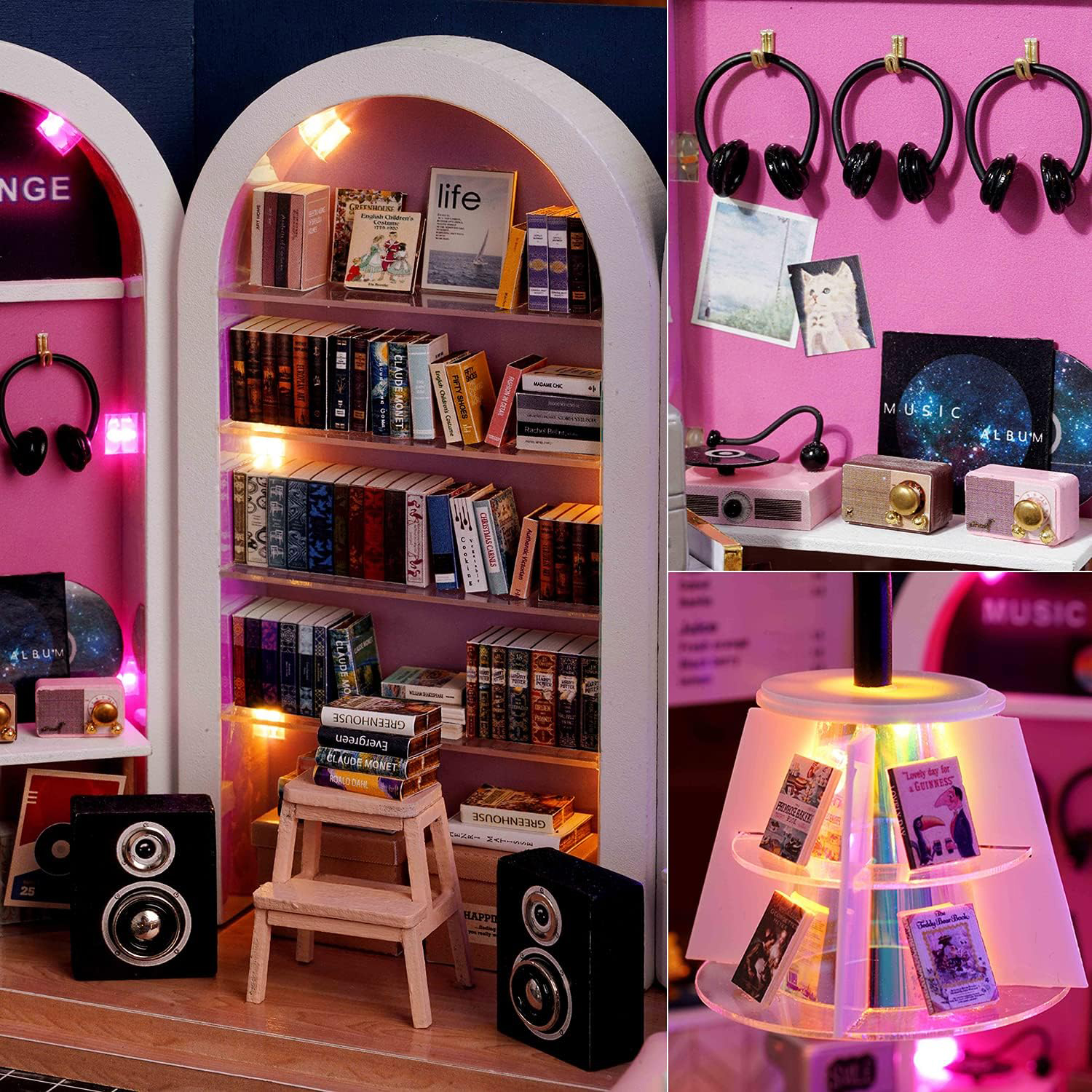 Scaffale in miniatura con libri, cuffie, altoparlanti e giradischi.