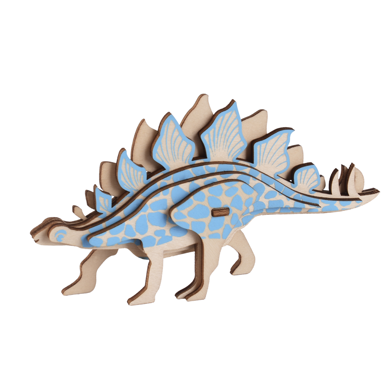Un modello di Stegosauro in legno con macchie blu e placche dorsali blu.