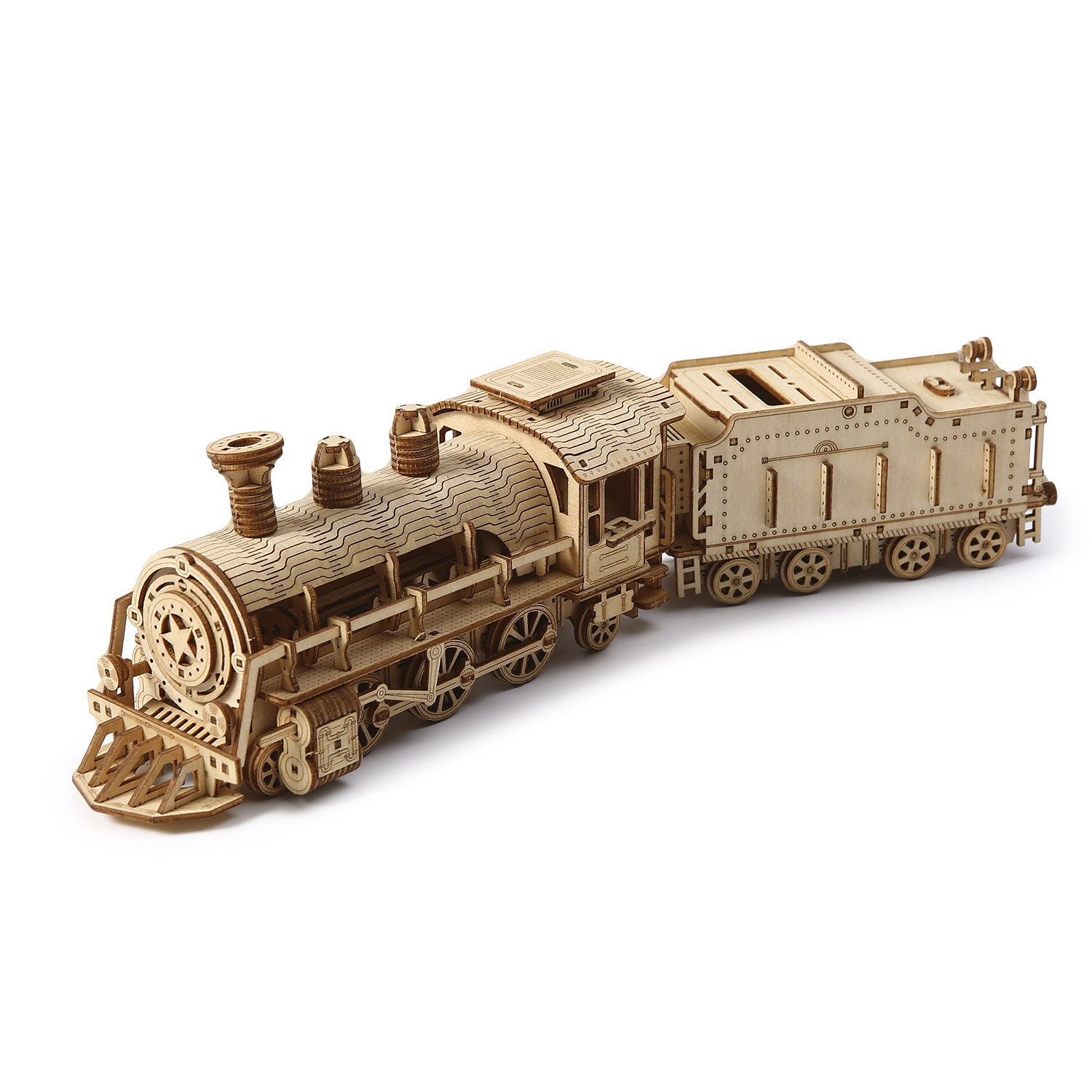 Un modello in legno di locomotiva a vapore con tender su sfondo bianco.