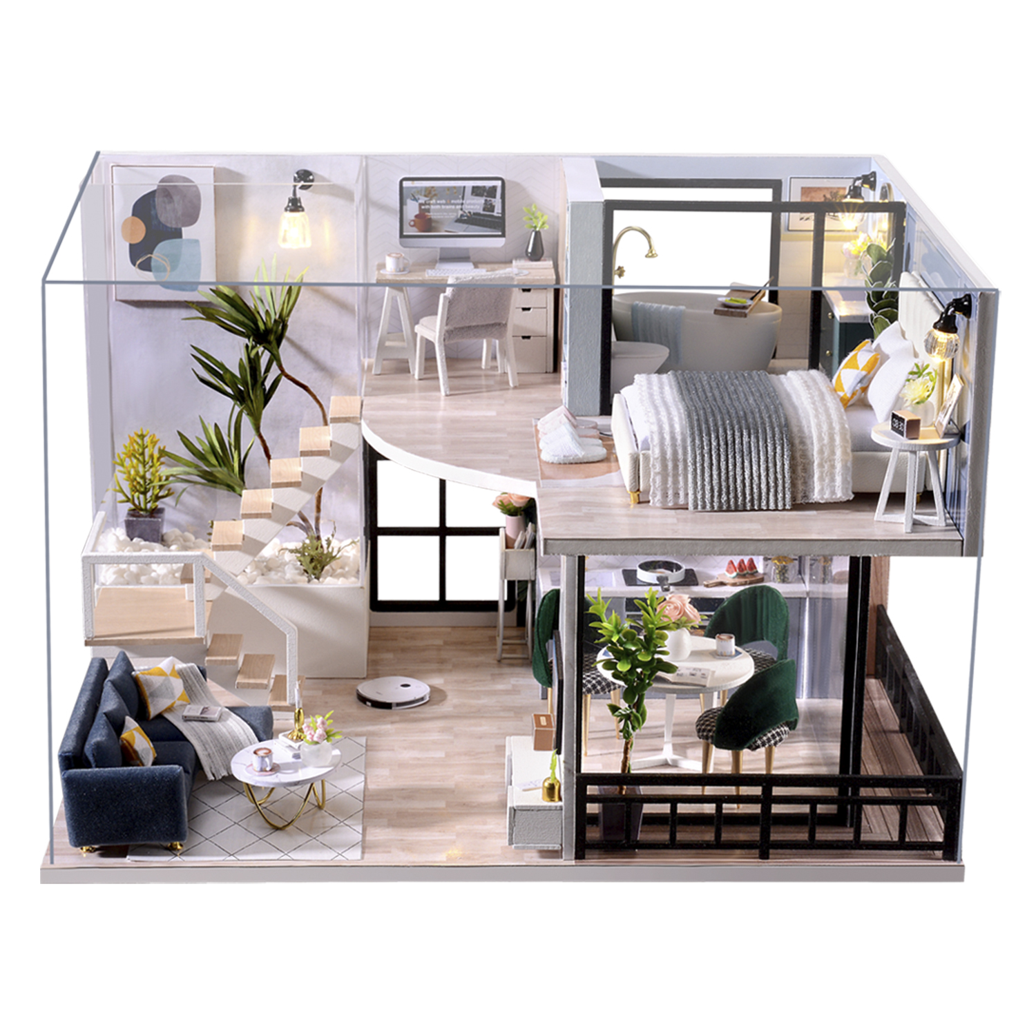 Casa delle bambole in miniatura con soggiorno, camera da letto, bagno e zona pranzo.