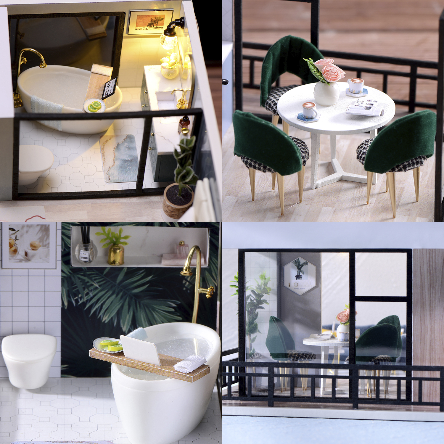 Bagno in miniatura con vasca, WC, lavandino. Zona pranzo in miniatura con tavolo e sedie.