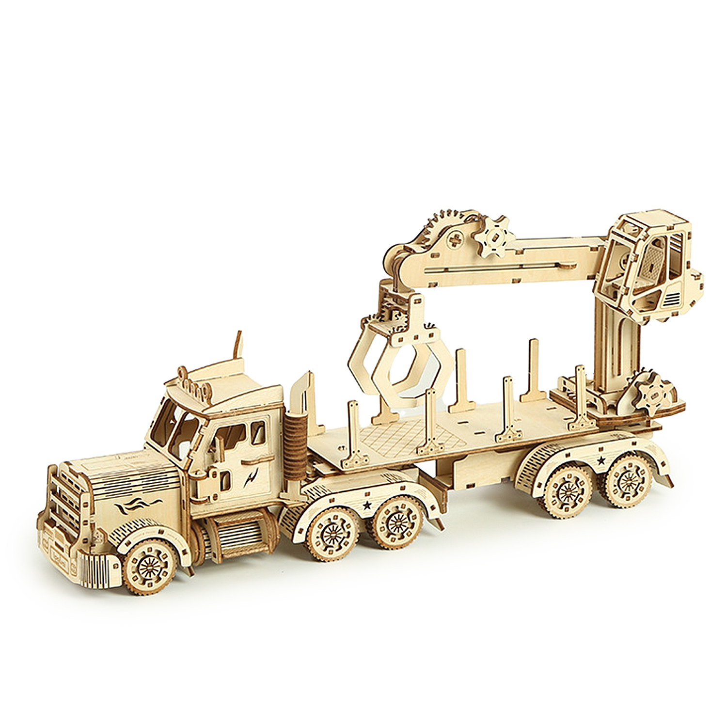 Un modello di camion gru in legno si erge su uno sfondo bianco.