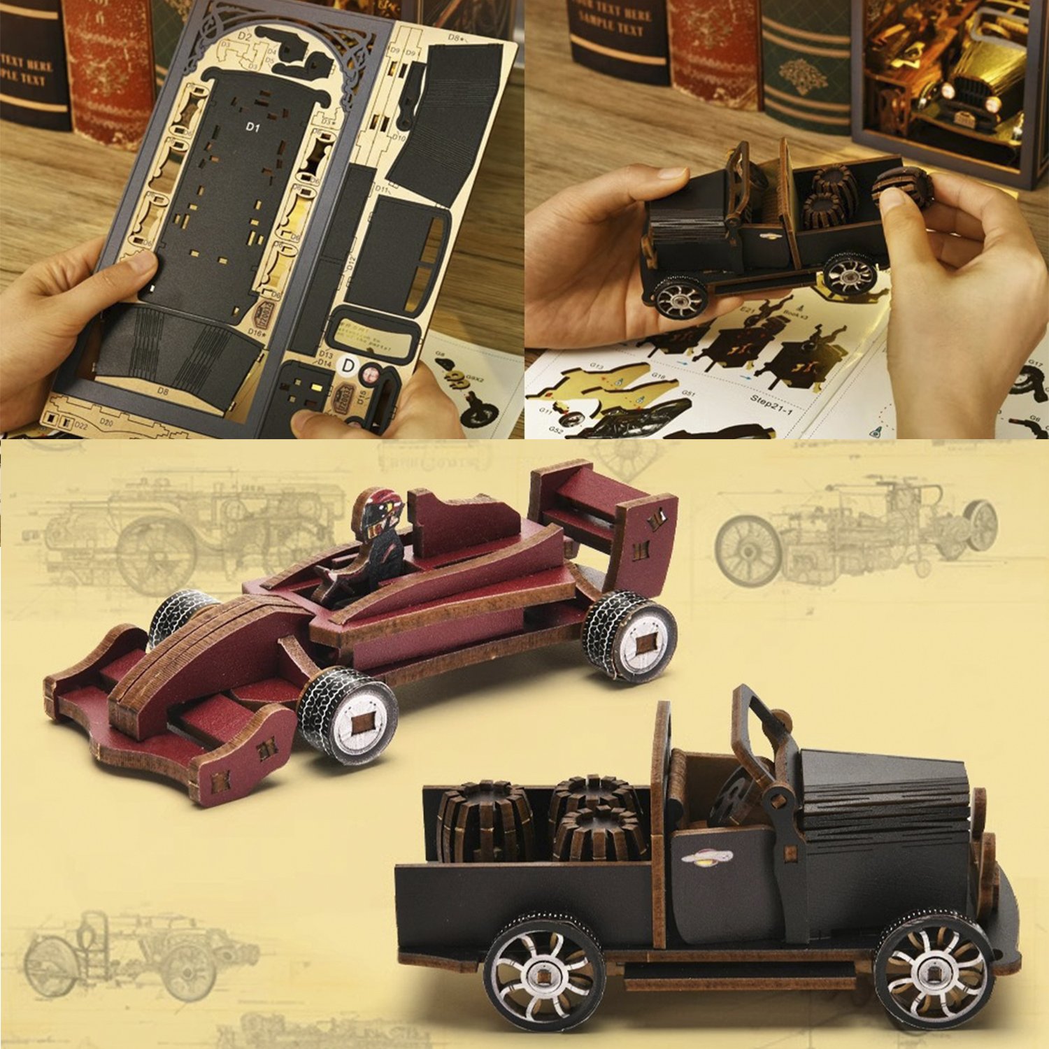 Modelli in legno di un'auto da corsa e un camion assemblati su un tavolo.