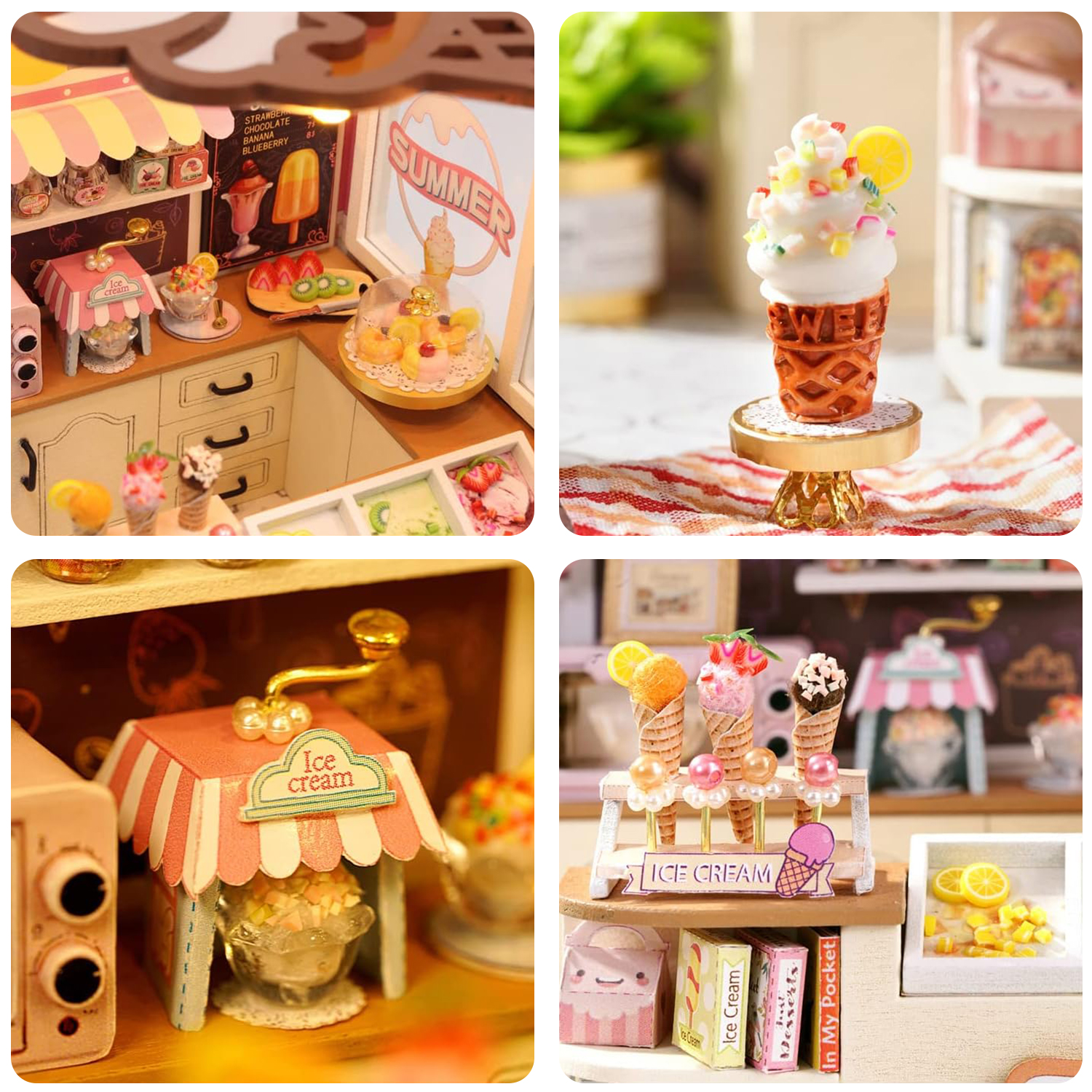 Miniatura di gelateria con vari gelati, frutta e decorazioni.