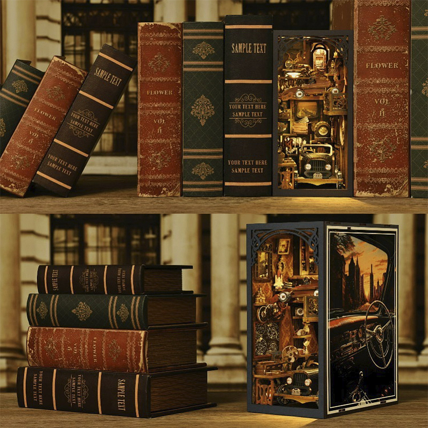 Libri antichi e diorami illuminati su scaffali.