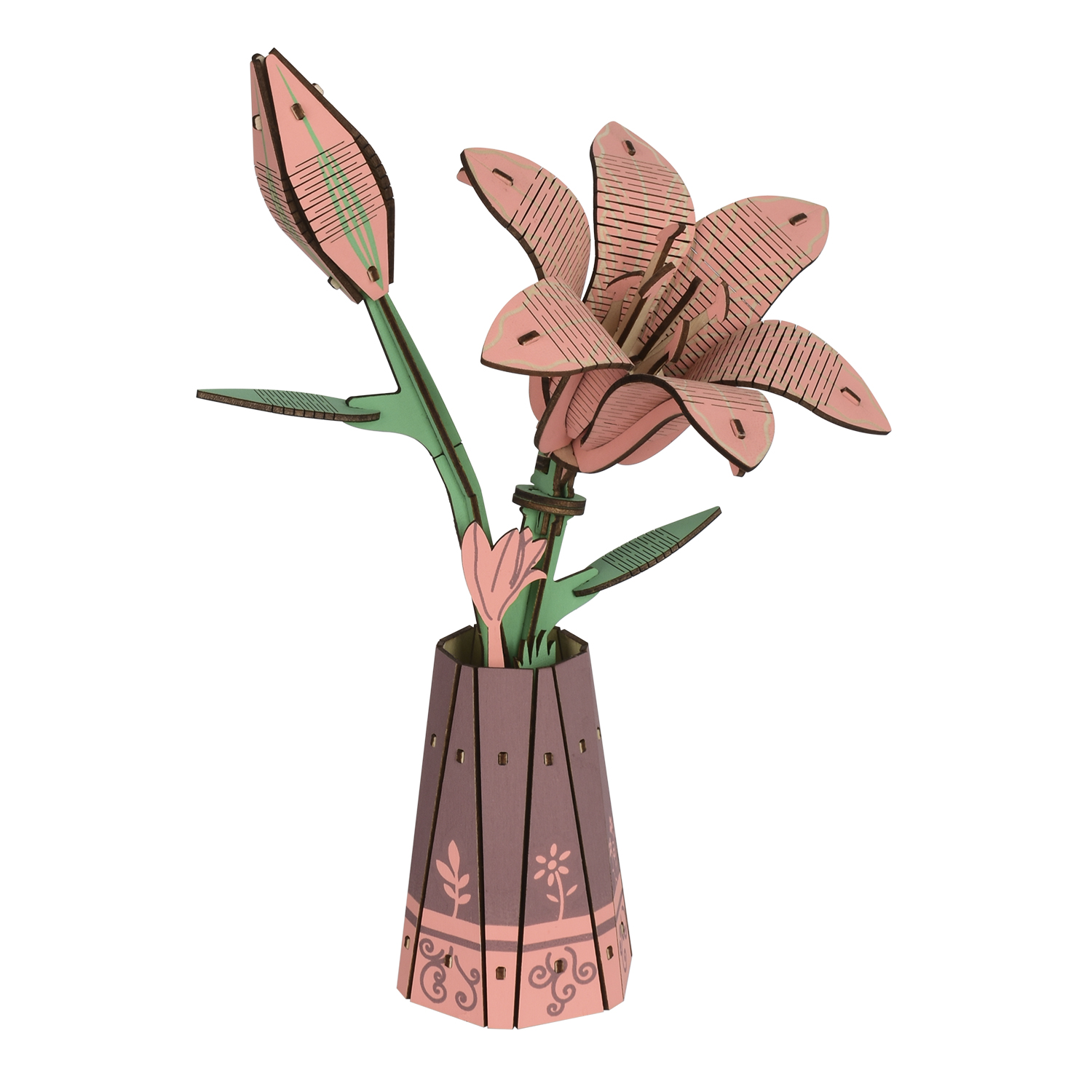 Un modello di fiore in legno rosa in un vaso. Un fiore è aperto, un altro chiuso.