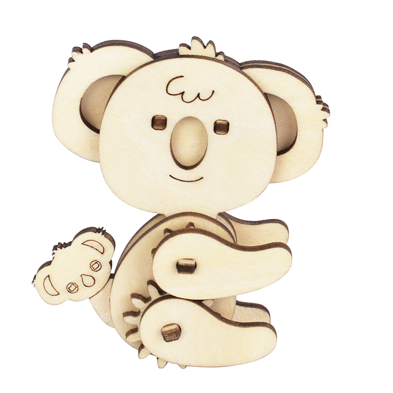 Un modello di puzzle koala in legno è seduto sul suo sedere.