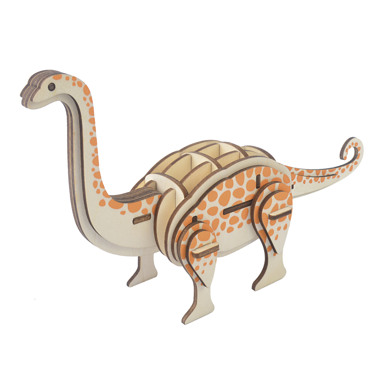 Modello di dinosauro in legno con macchie arancioni e collo lungo.