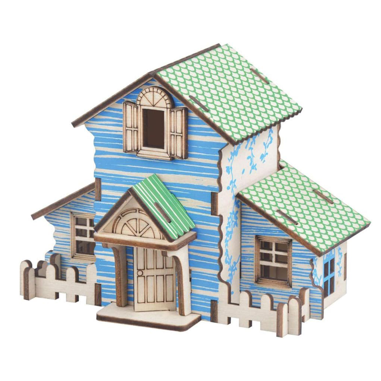Modello di casa in legno a strisce blu con tetti verdi e recinzione in legno.