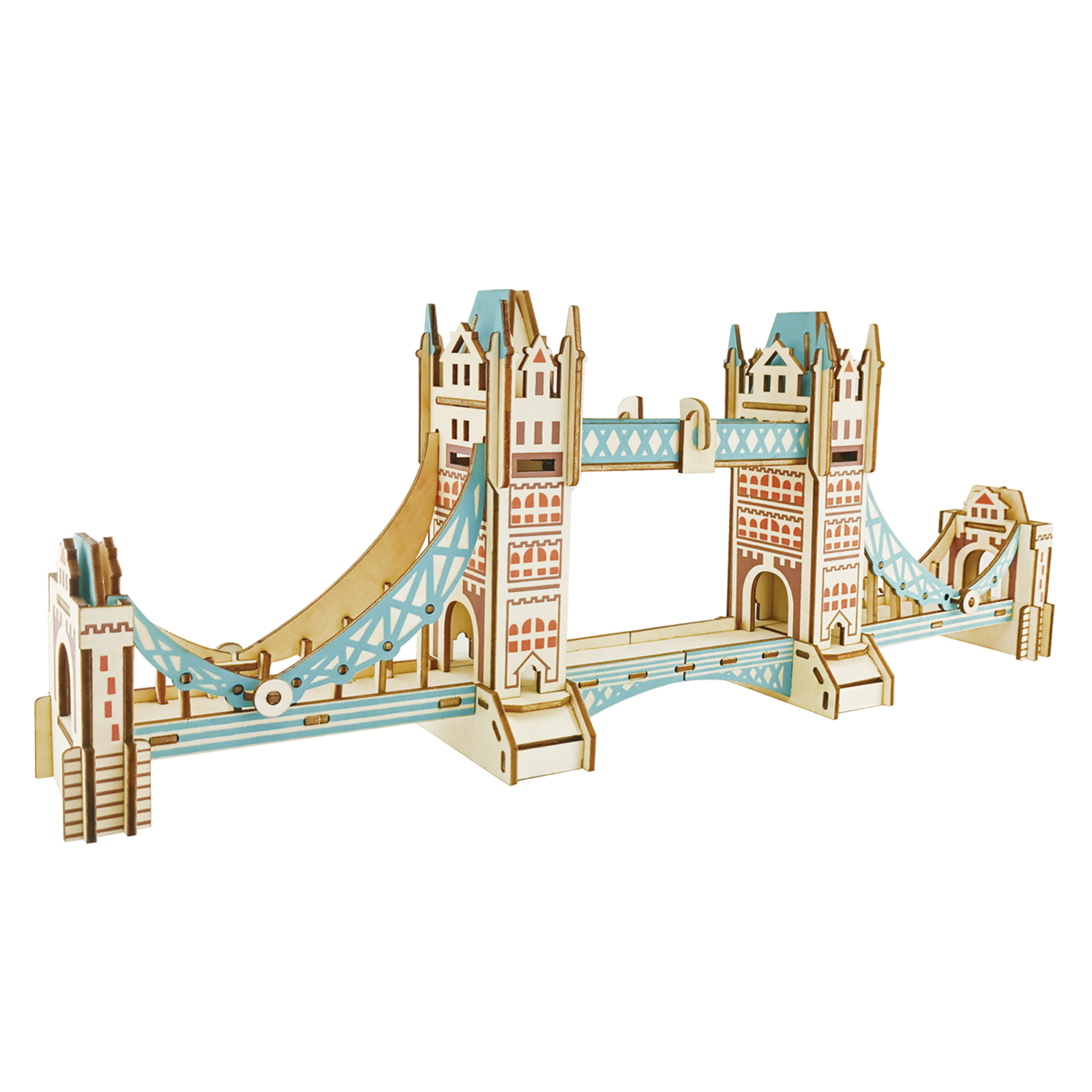 Un modello in legno del Tower Bridge con accenti blu e rossi su sfondo bianco.