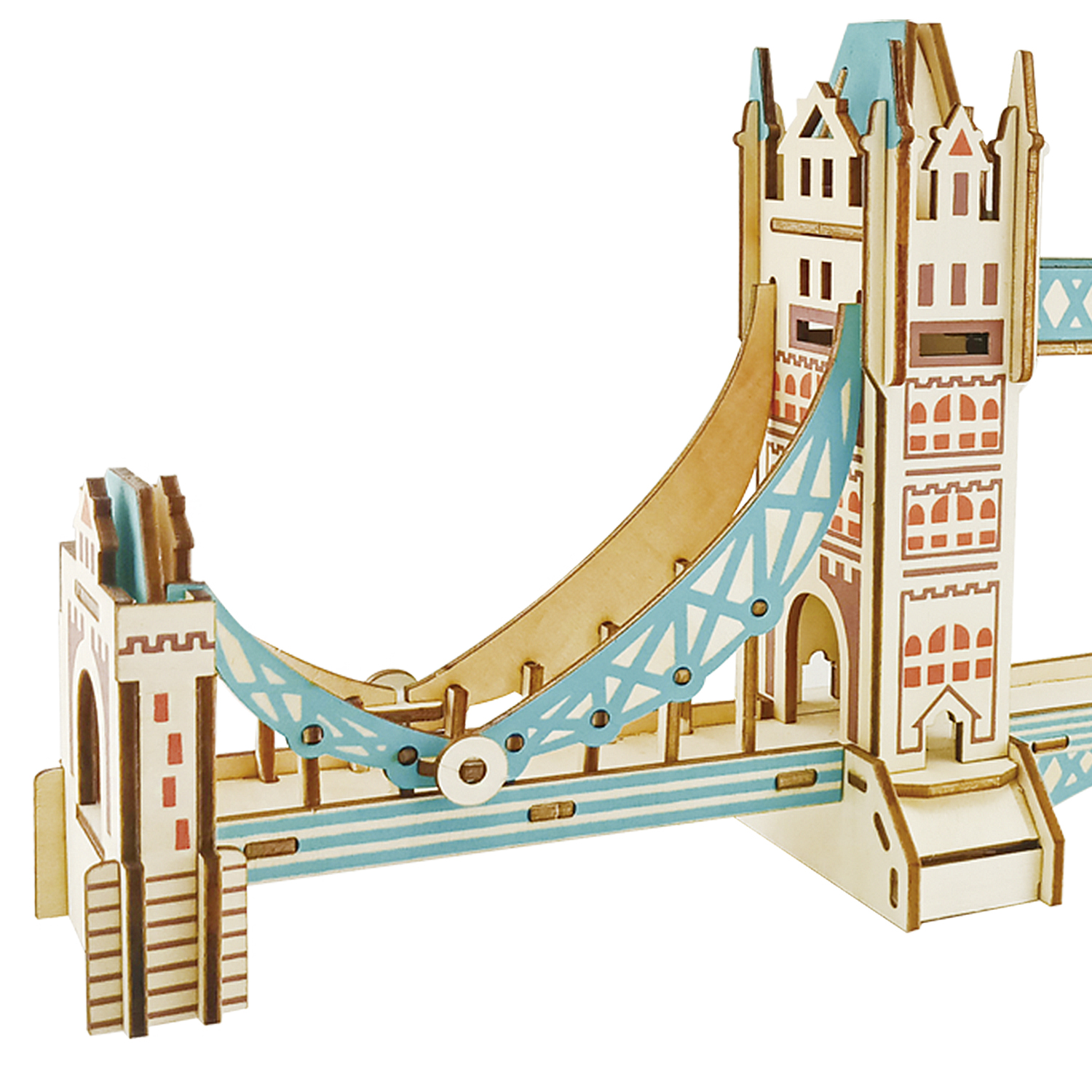 Un modello in legno del Tower Bridge con accenti blu.