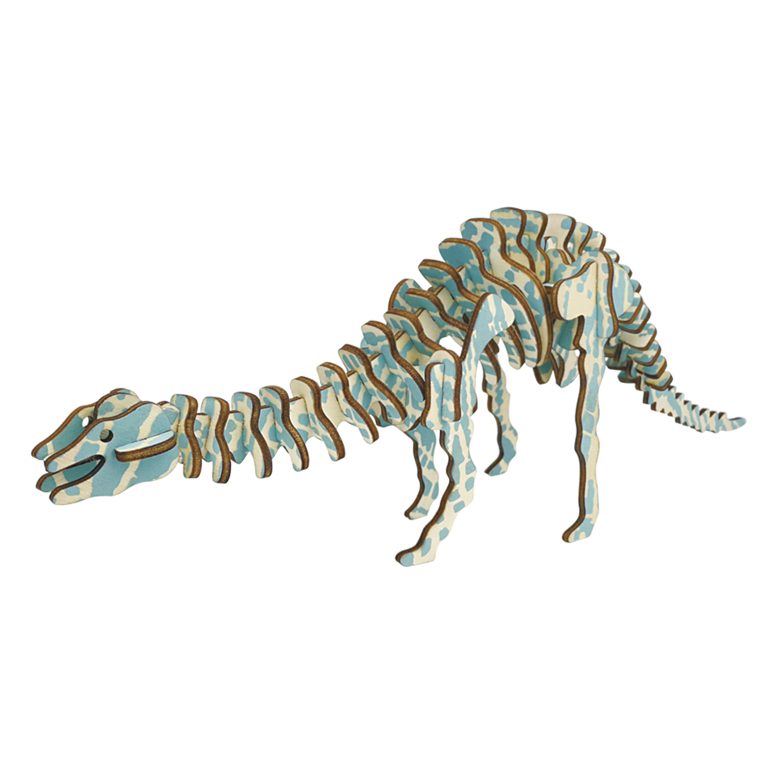 Un modello di dinosauro in legno blu e bianco sta su quattro zampe.