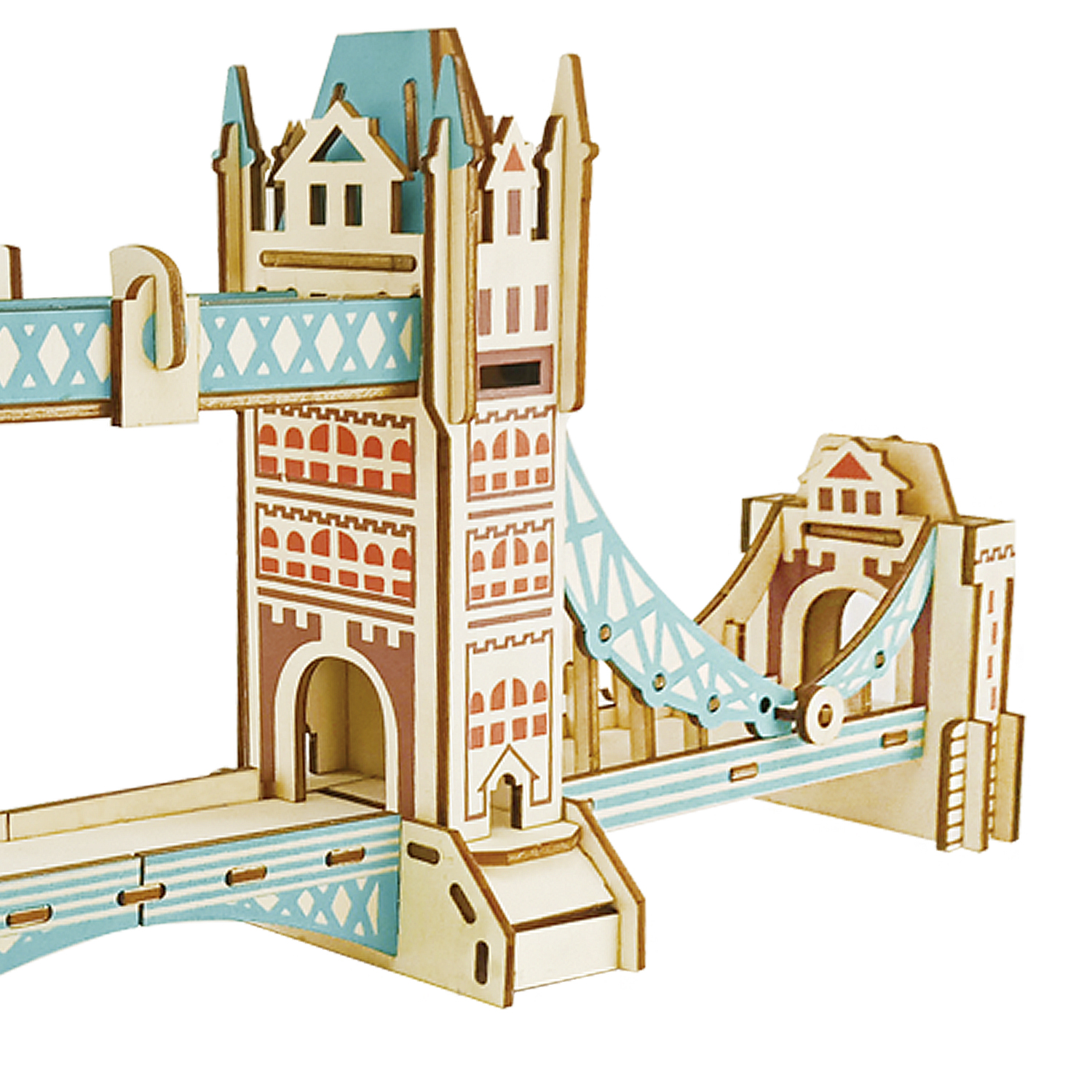 Un modello in legno del Tower Bridge con accenti blu e rossi.