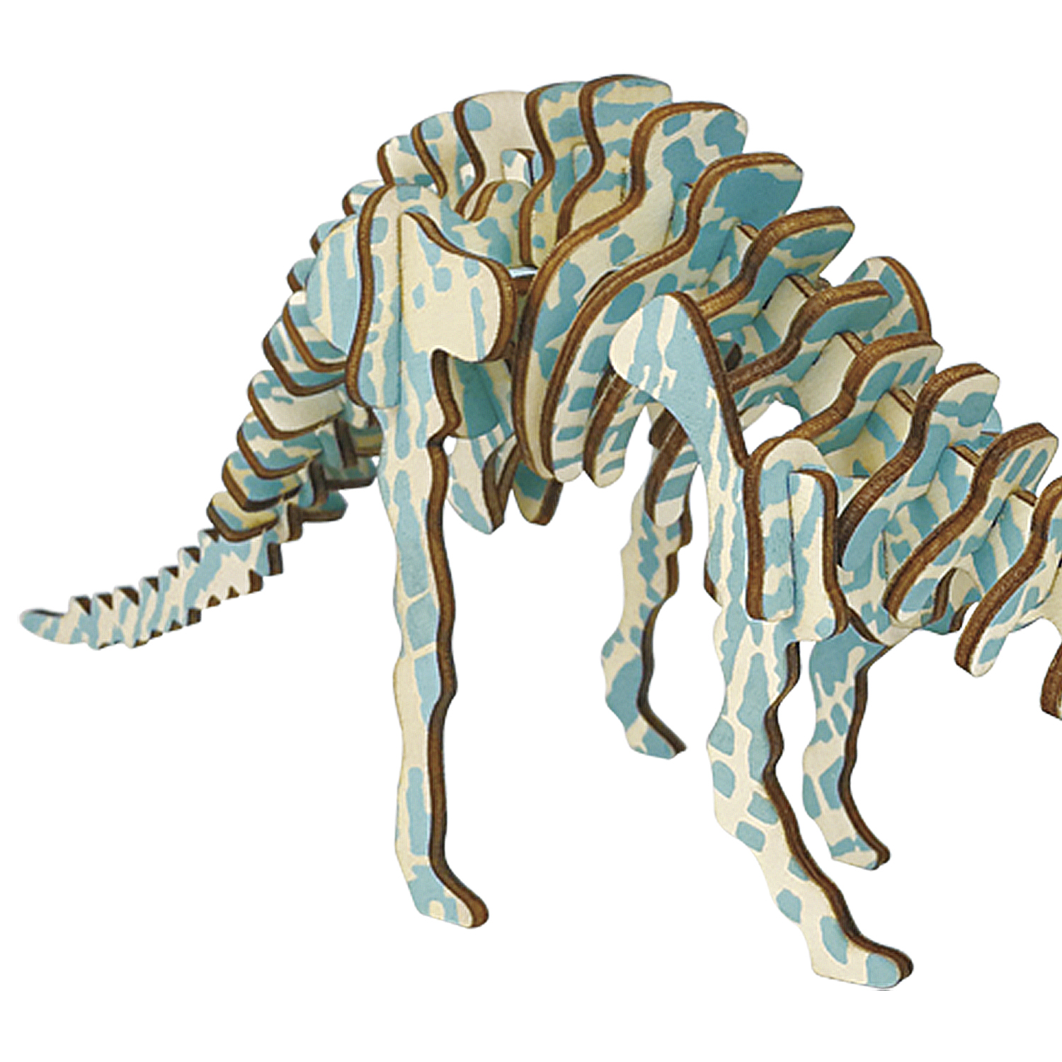 Un puzzle 3D in legno di dinosauro con pezzi a fantasia blu e bianchi.
