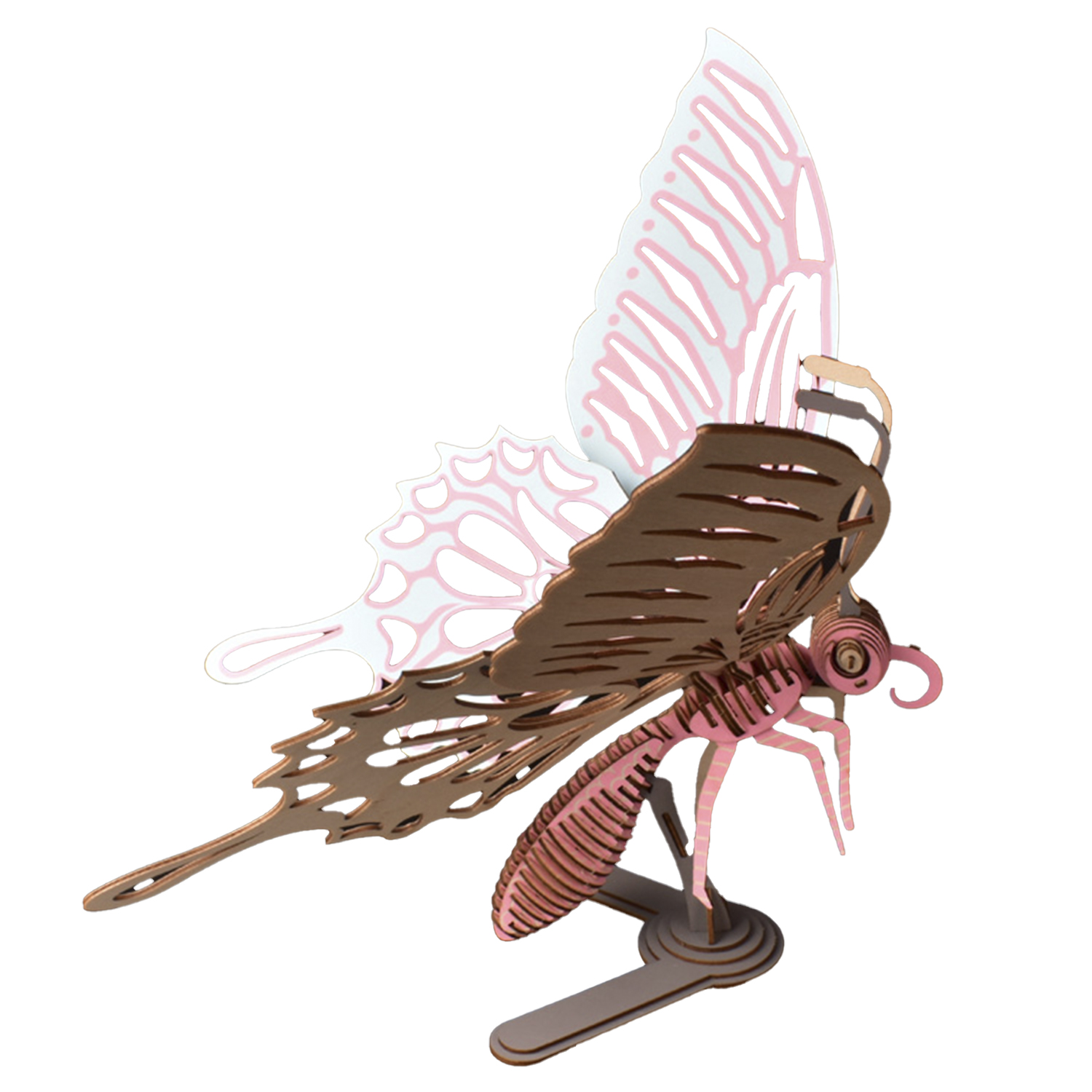 Modello di farfalla in legno con corpo rosa e ali marroni, montato su un supporto.