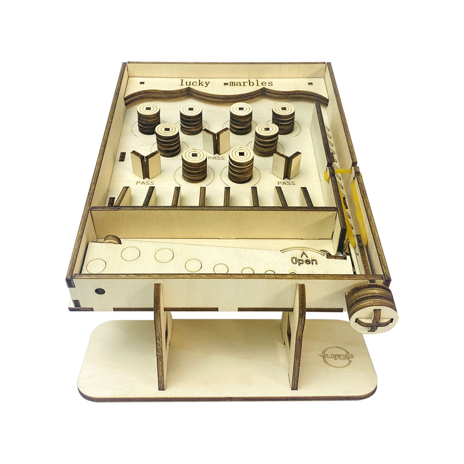 Gioco di biglie in legno con ostacoli e aree punteggio, "Lucky Marbles".
