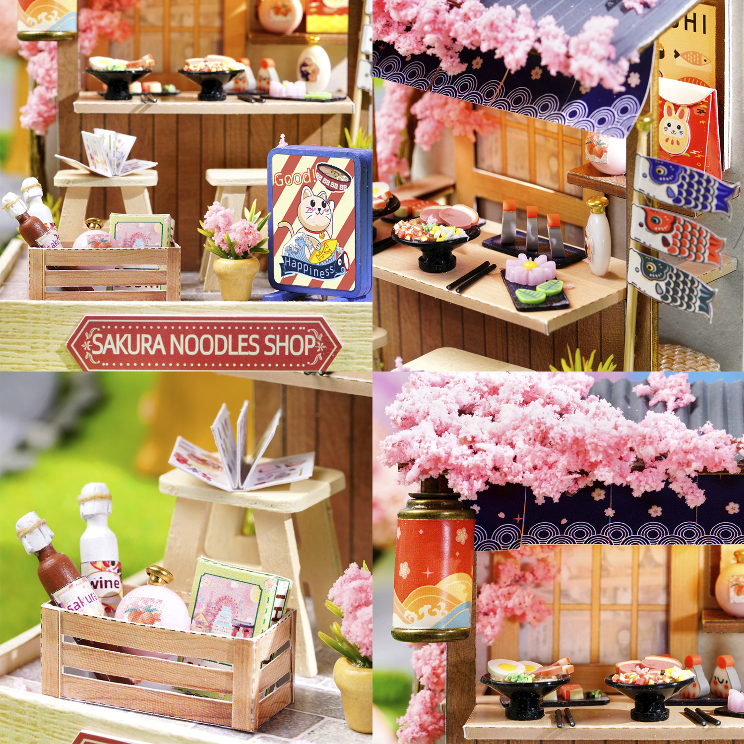 Negozio di noodle in miniatura con sushi, fiori di ciliegio e decorazioni.