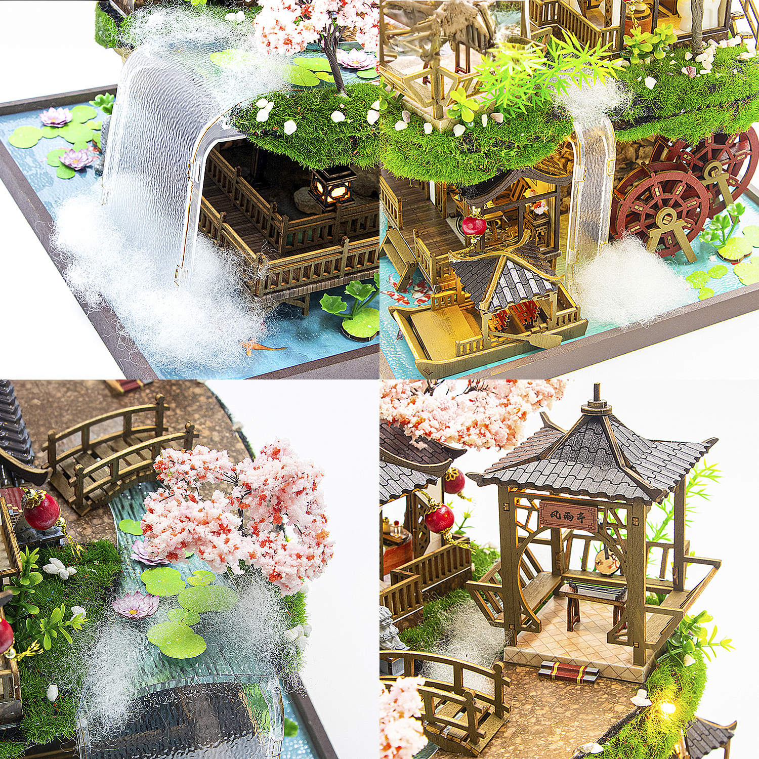 Giardino in miniatura con cascata, ponte, pagoda e fiori di ciliegio.