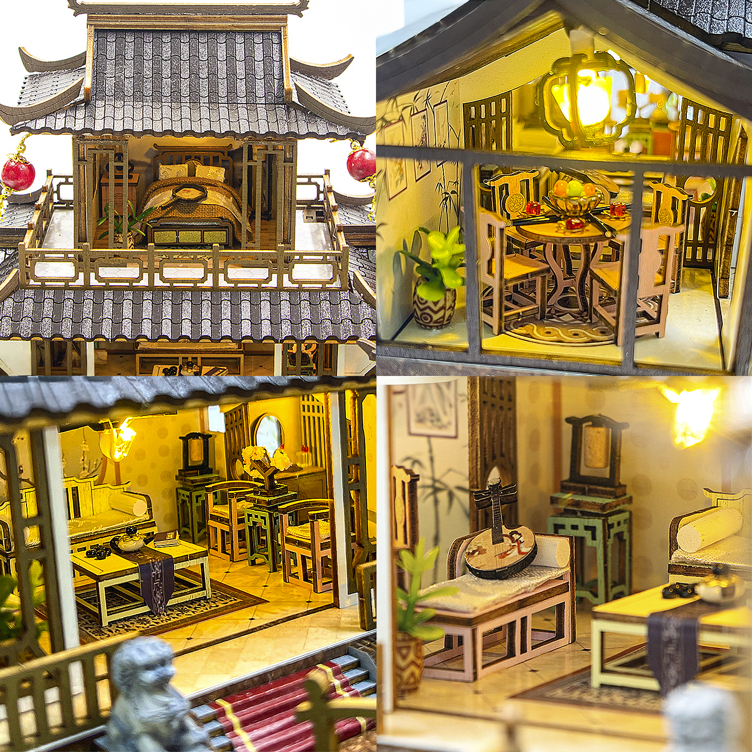 Casa in miniatura con stanze: camera da letto, sala da pranzo, soggiorno e sala musica.