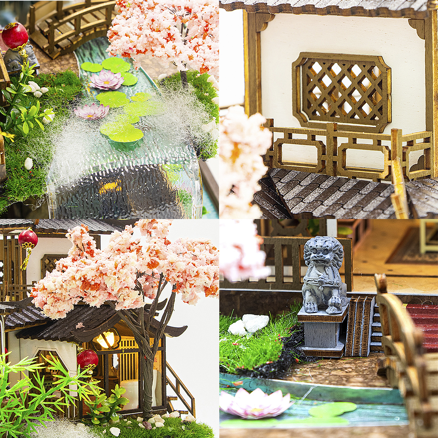 Giardino in miniatura con cascata, fiori di ciliegio, casa e statua di leone.